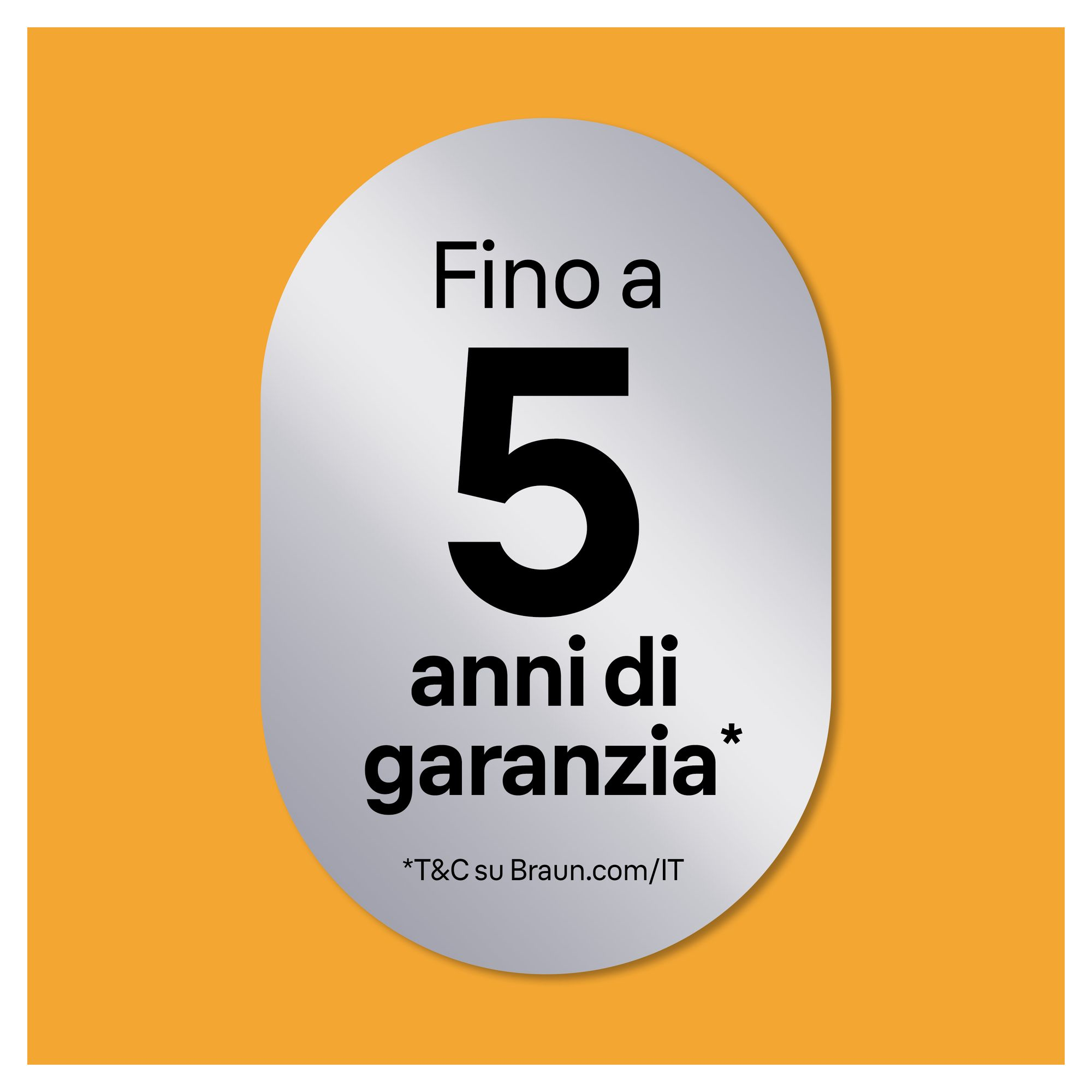 Srebrny owal z liczbą 5 i tekstem na pomarańczowym tle.