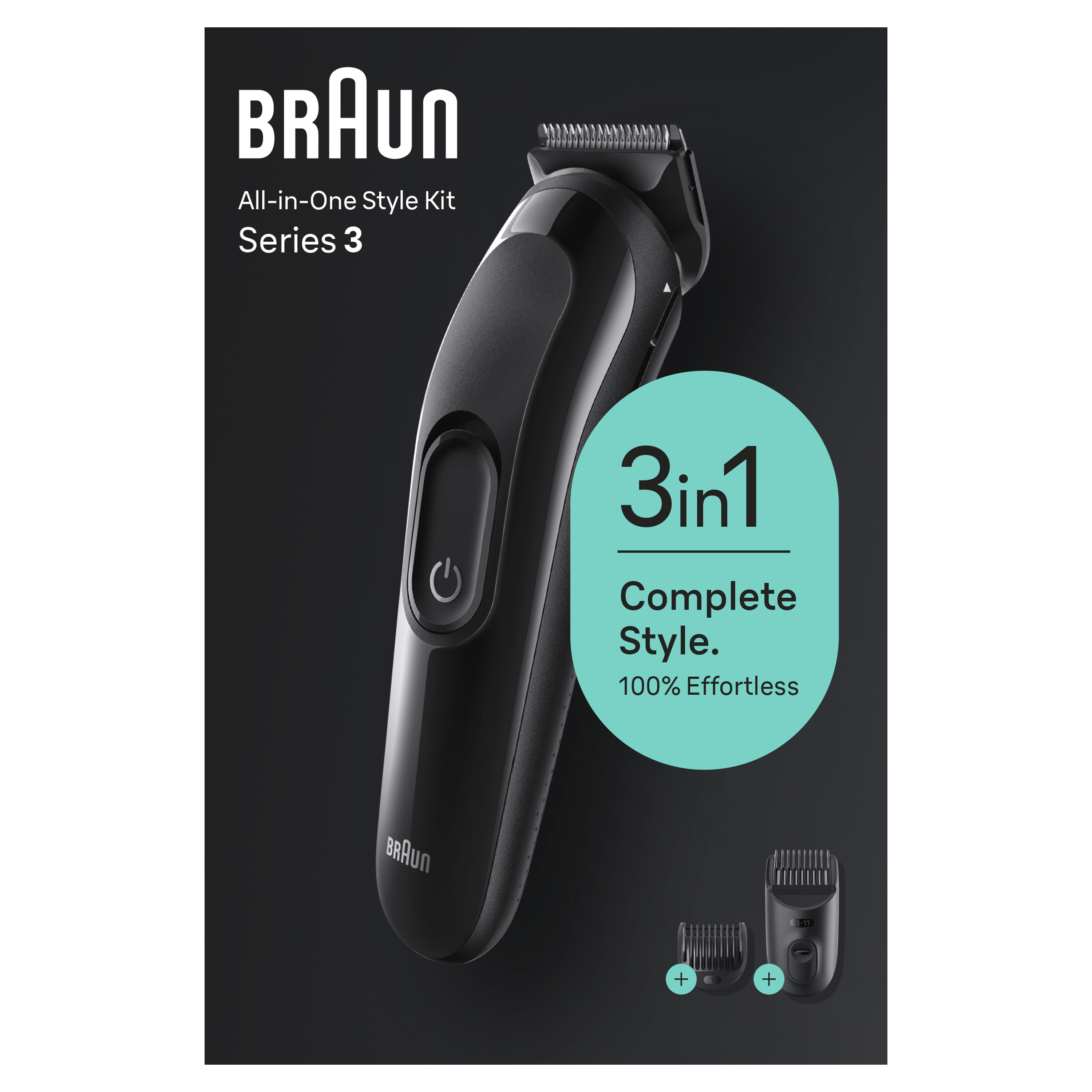 Schwarze Braun All-in-One Style Kit Serie 3 Produktbox, mit einem Trimmer und einem 3-in-1-Etikett.