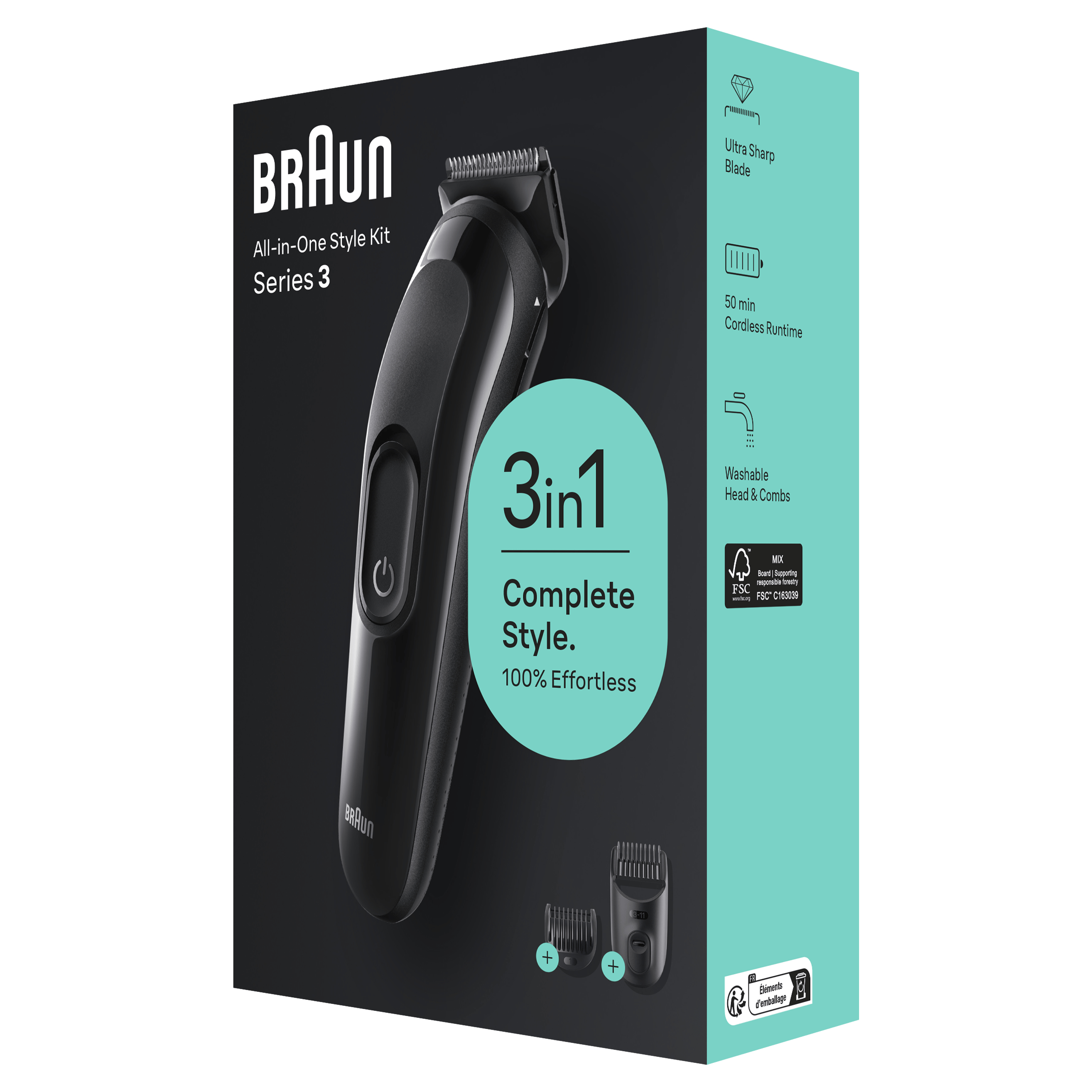 Braun All-in-One Style Kit Series 3 Box mit Trimmer, Aufsätzen und Produktdetails.