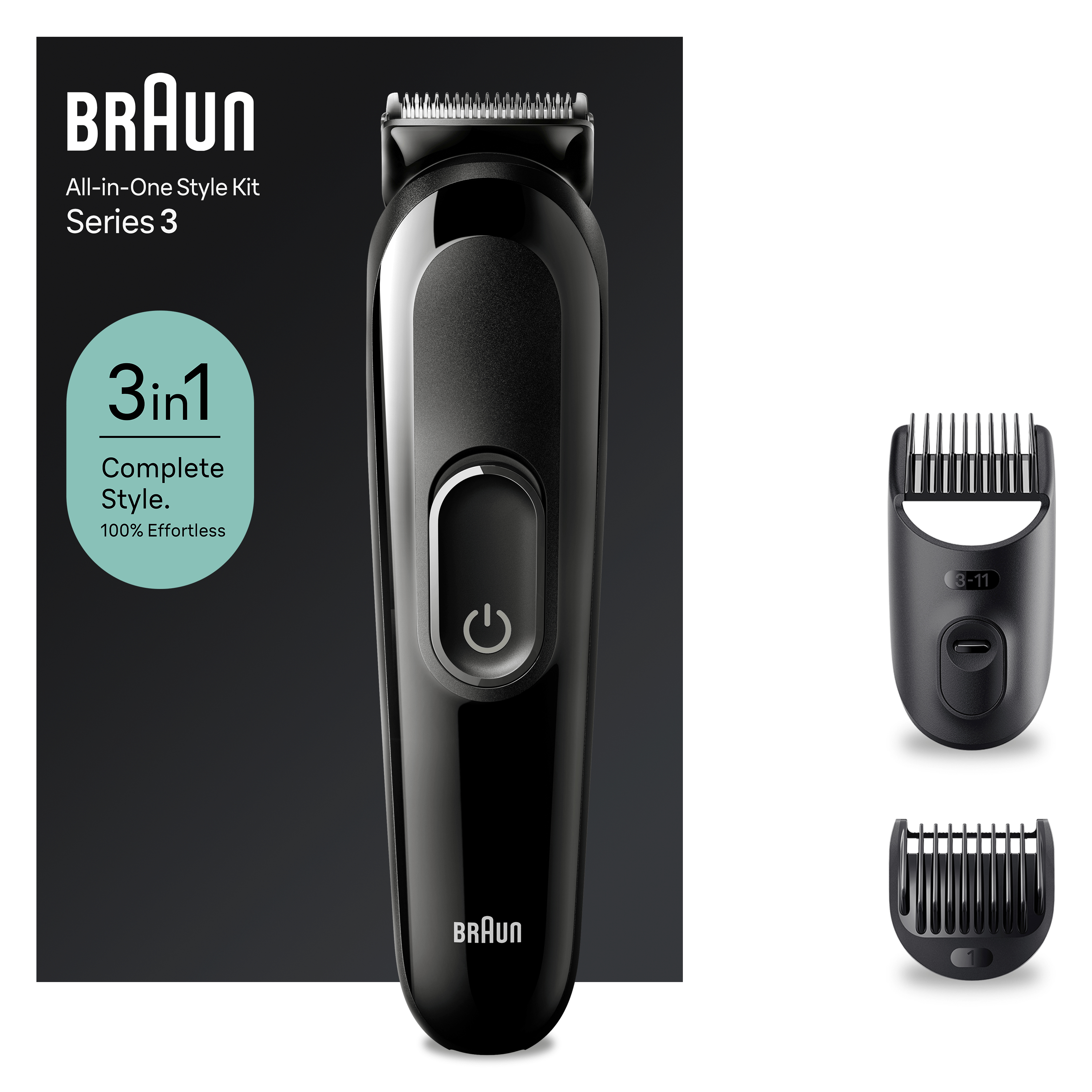 Schwarzer Trimmer mit Zubehör. Die Box zeigt die Marke Braun. Es gibt 3 Aufsätze.