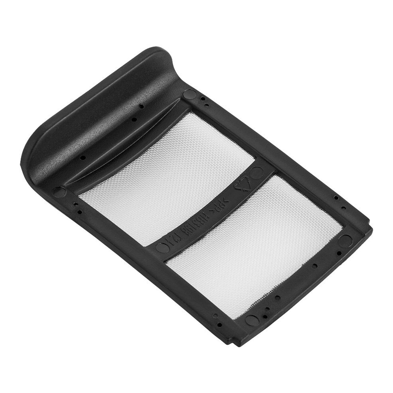 Czarny filtr powietrza z białą siatką, na białym tle.