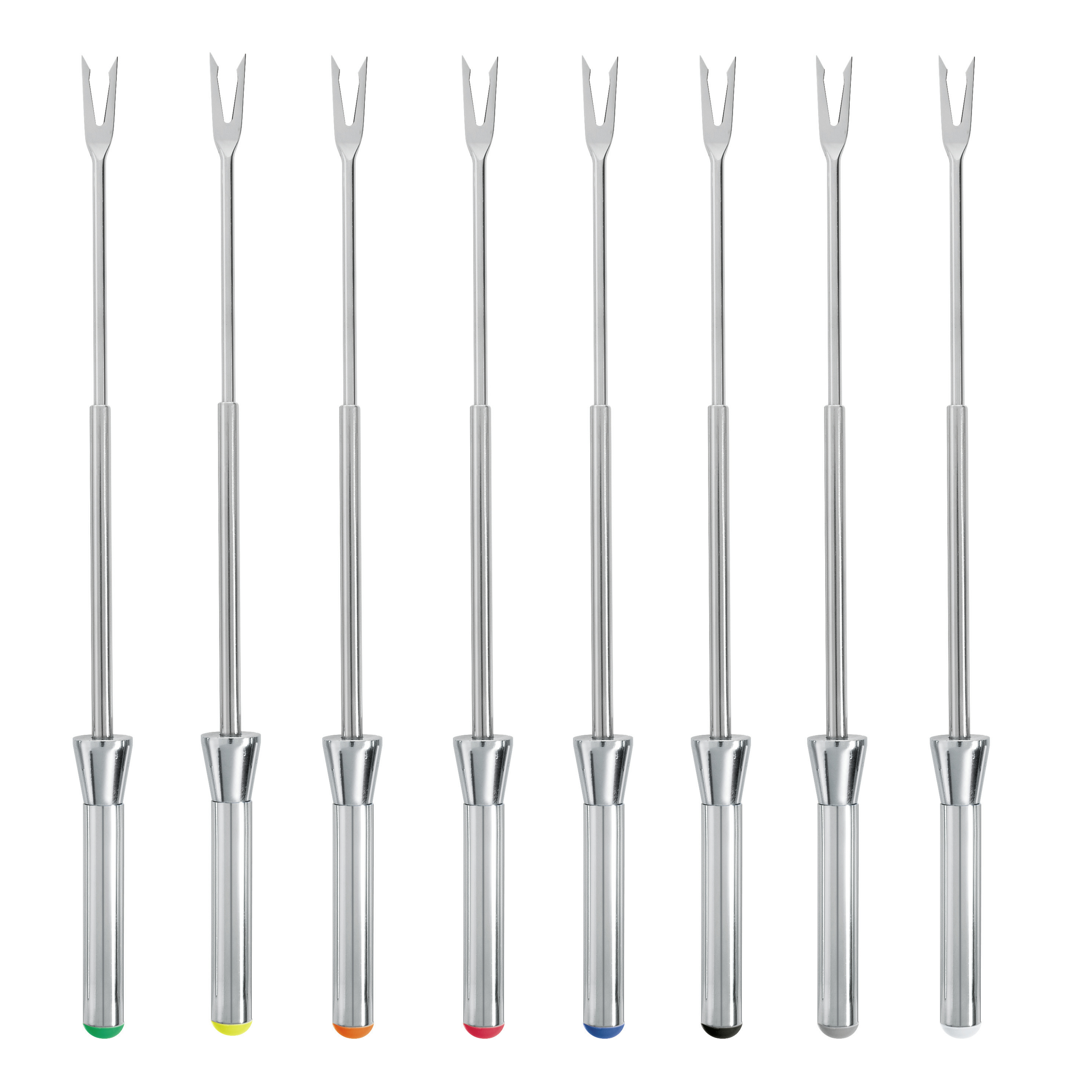 Osiem widelców do fondue z różnokolorowymi uchwytami na białym tle.