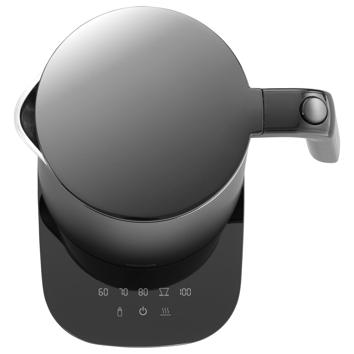 Widok z góry na czarny czajnik elektryczny z ustawieniami temperatury na białym tle.