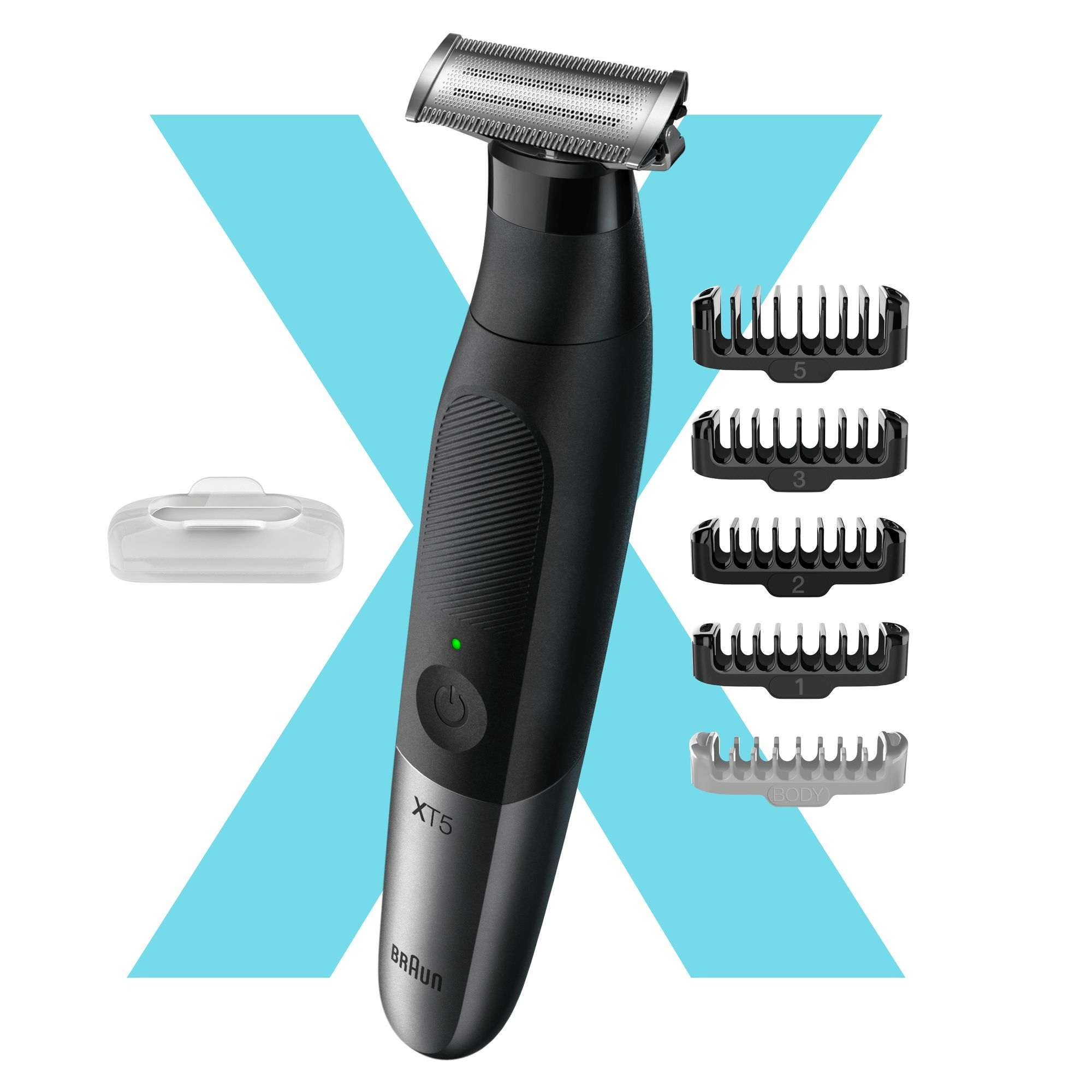 Schwarzer Braun XT5 Body Trimmer mit verschiedenen Kammaufsätzen.
