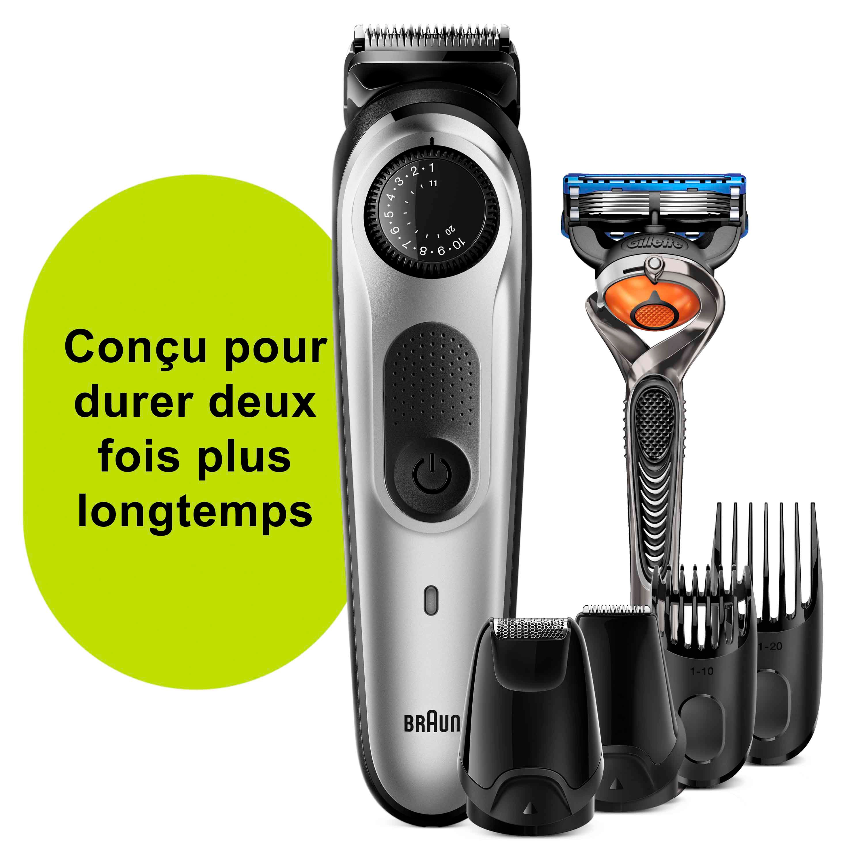 Zapakowane urządzenie do usuwania włosów. Białe i niebieskie pudełko. Urządzenie jest biało-szare. Białe tło.