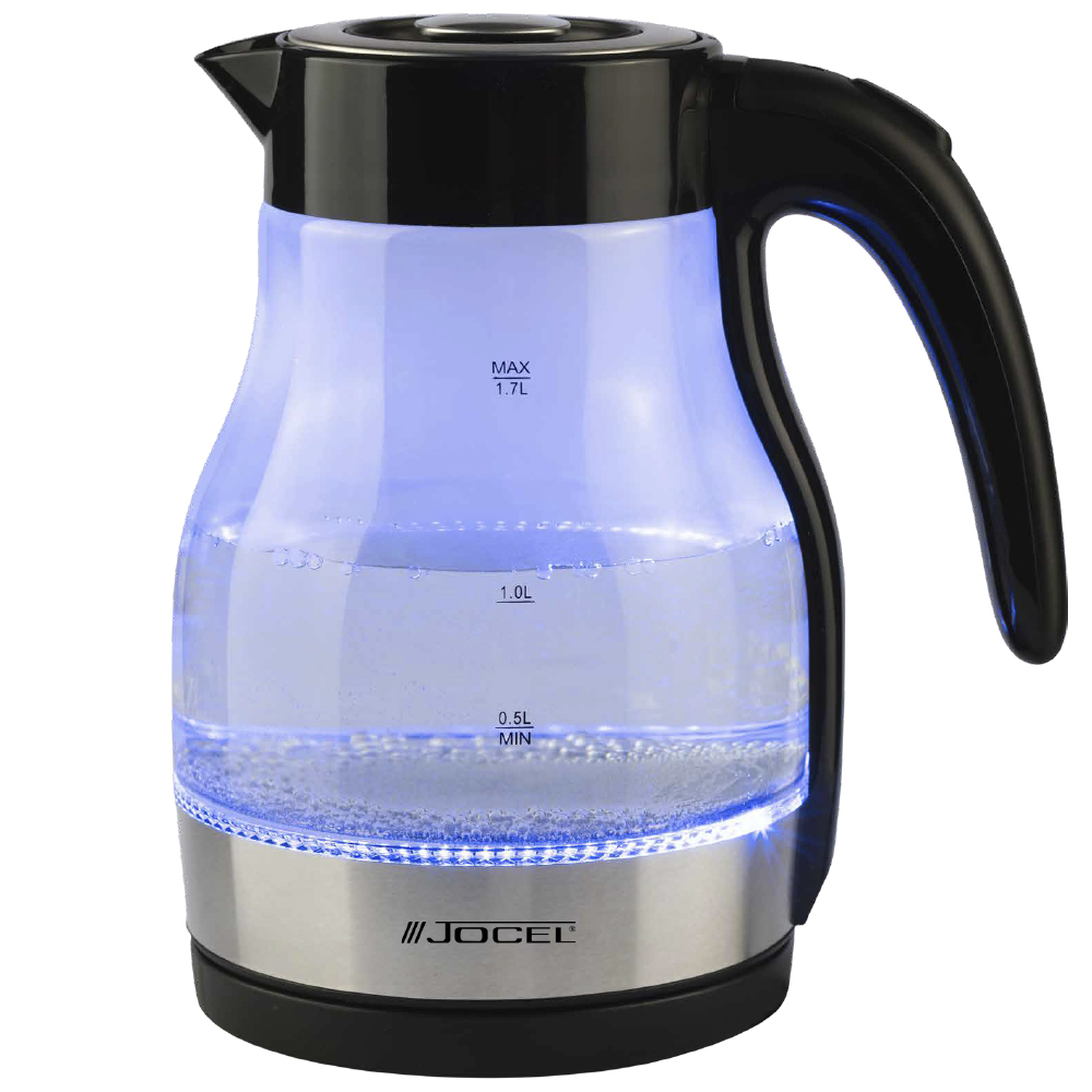 Hervidor eléctrico de vidrio con agua y luz LED azul.