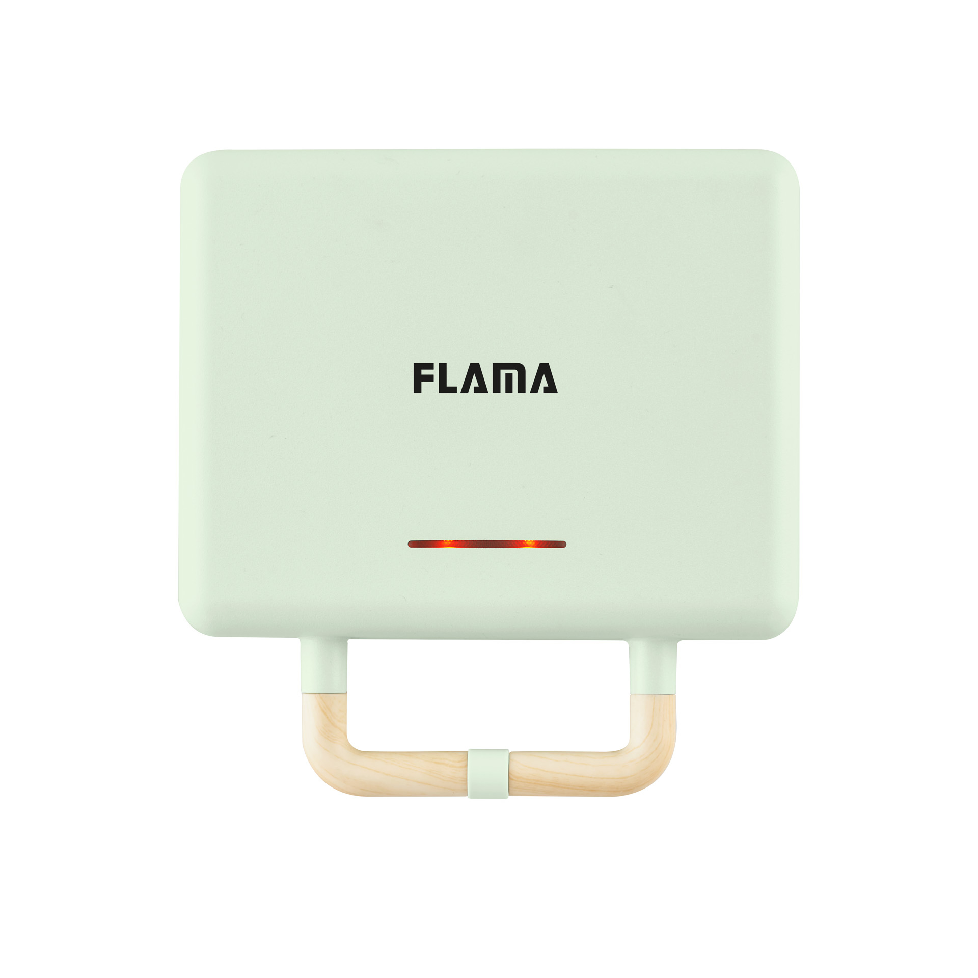 Electrodoméstico verde claro, posiblemente una máquina para hacer gofres, con la marca 'FLAMA'.