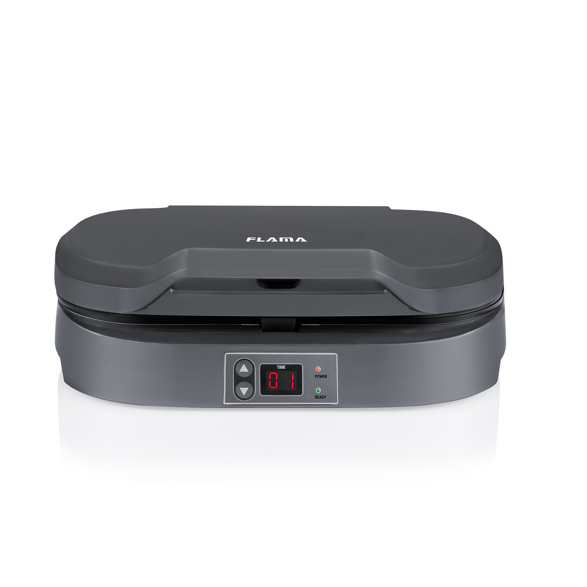 Szara prasa do panini z zamkniętą pokrywą. Wyświetla czas i wskaźnik gotowości.