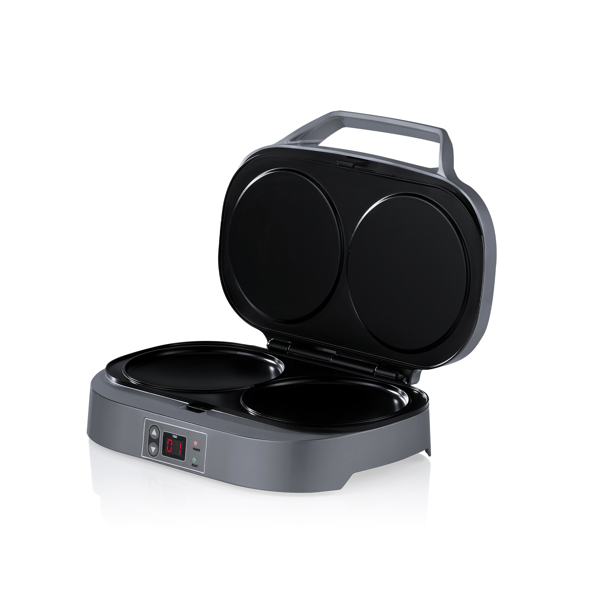 Otwarta szara maszyna do naleśników. Widoczne dwie okrągłe powierzchnie do gotowania. Wyświetlacz cyfrowy i przycisk zasilania.