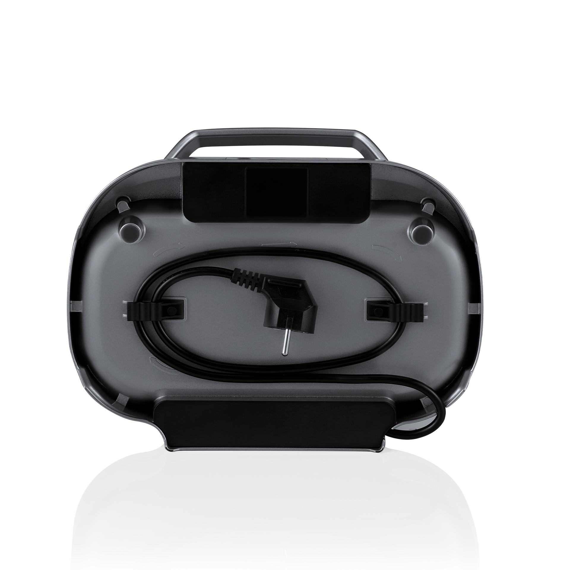 Spód czarnego urządzenia. Pokazuje kabel zasilający i wtyczkę.