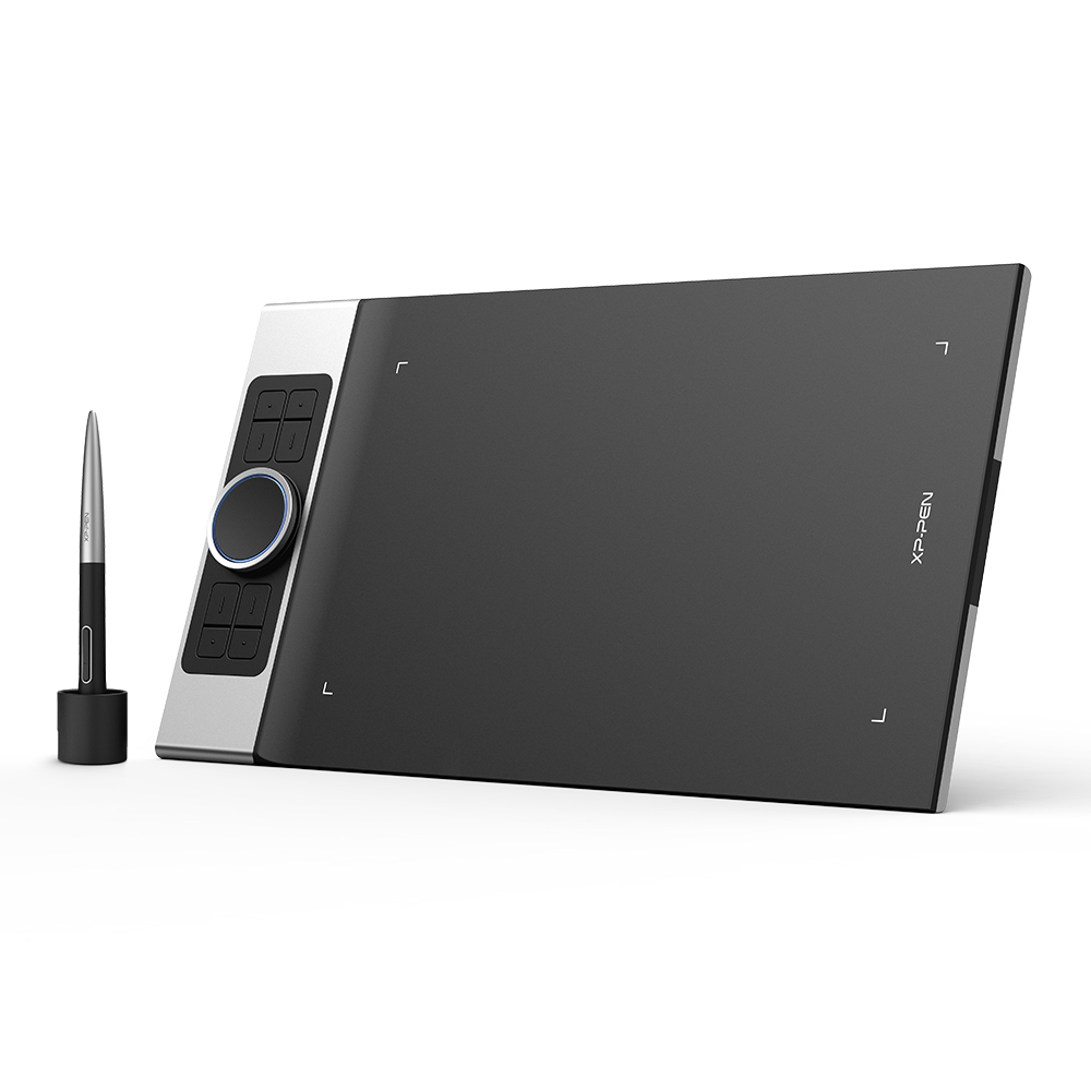 Ein Zeichentablett und Stift auf weißem Hintergrund. Das Tablet ist schwarz und silber. Stift ist schwarz und silber.