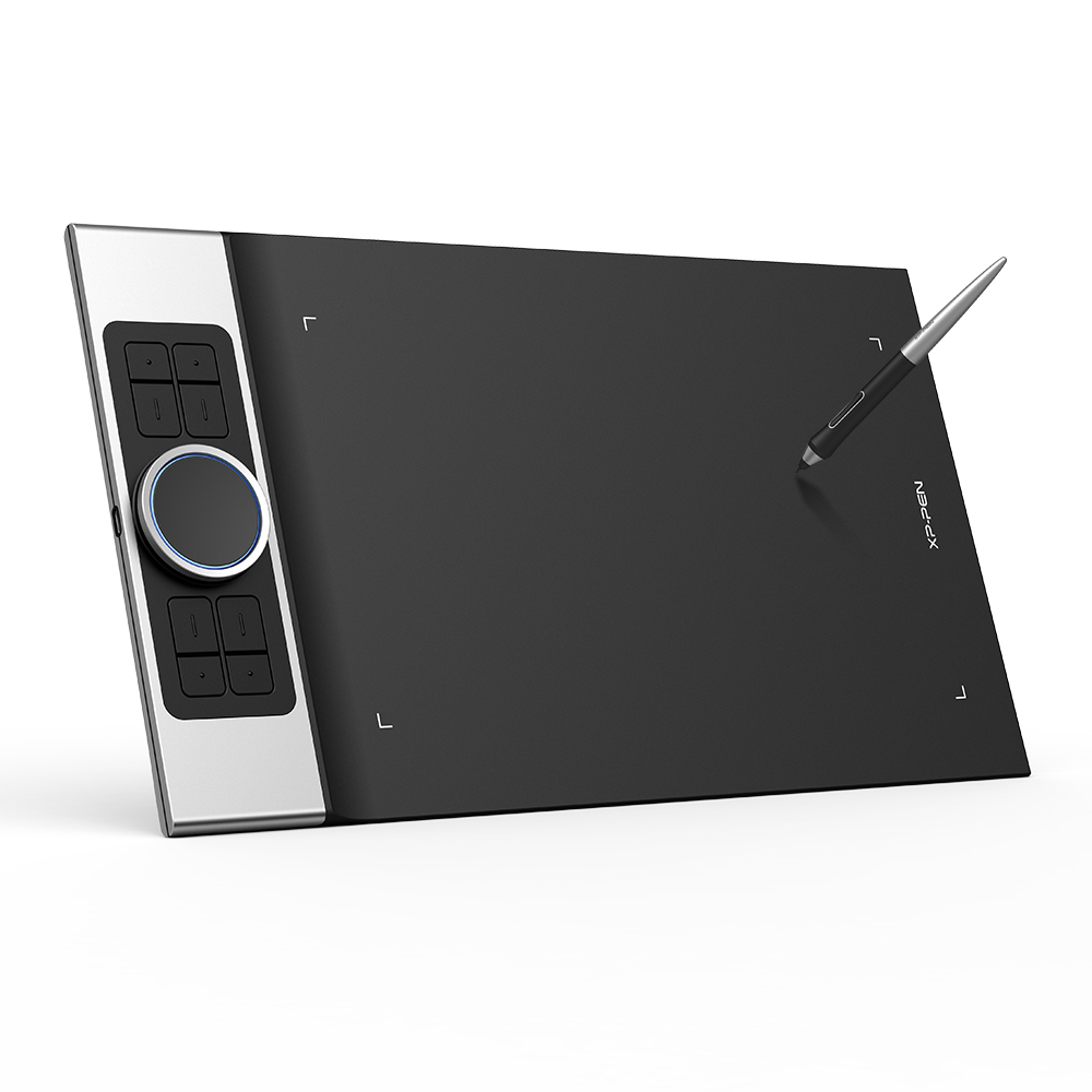 Grafiktablett mit Stift. Silbernes und schwarzes Design. Der Stift liegt auf dem Tablet.