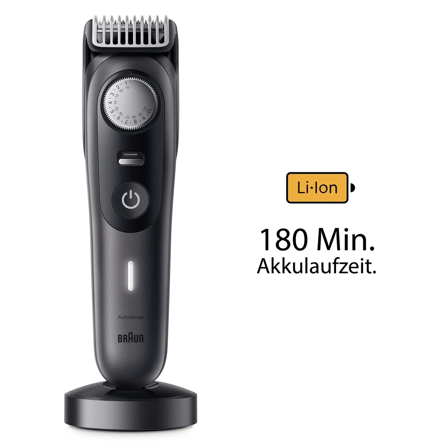 Schwarzer Barttrimmer mit einstellbaren Einstellungen. Eine gelbe Box zeigt 180 Min. Akkulaufzeit.