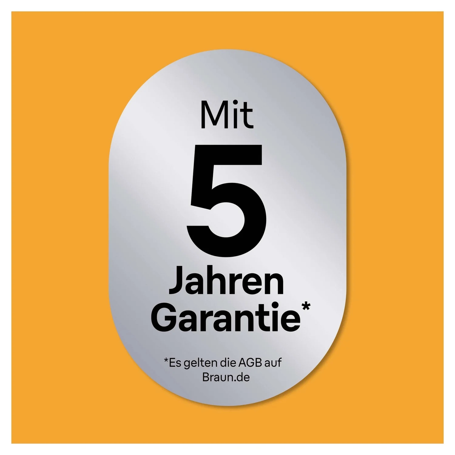 Silberner ovaler Aufkleber mit Text: '5 Jahre Garantie' auf orangefarbenem Hintergrund.