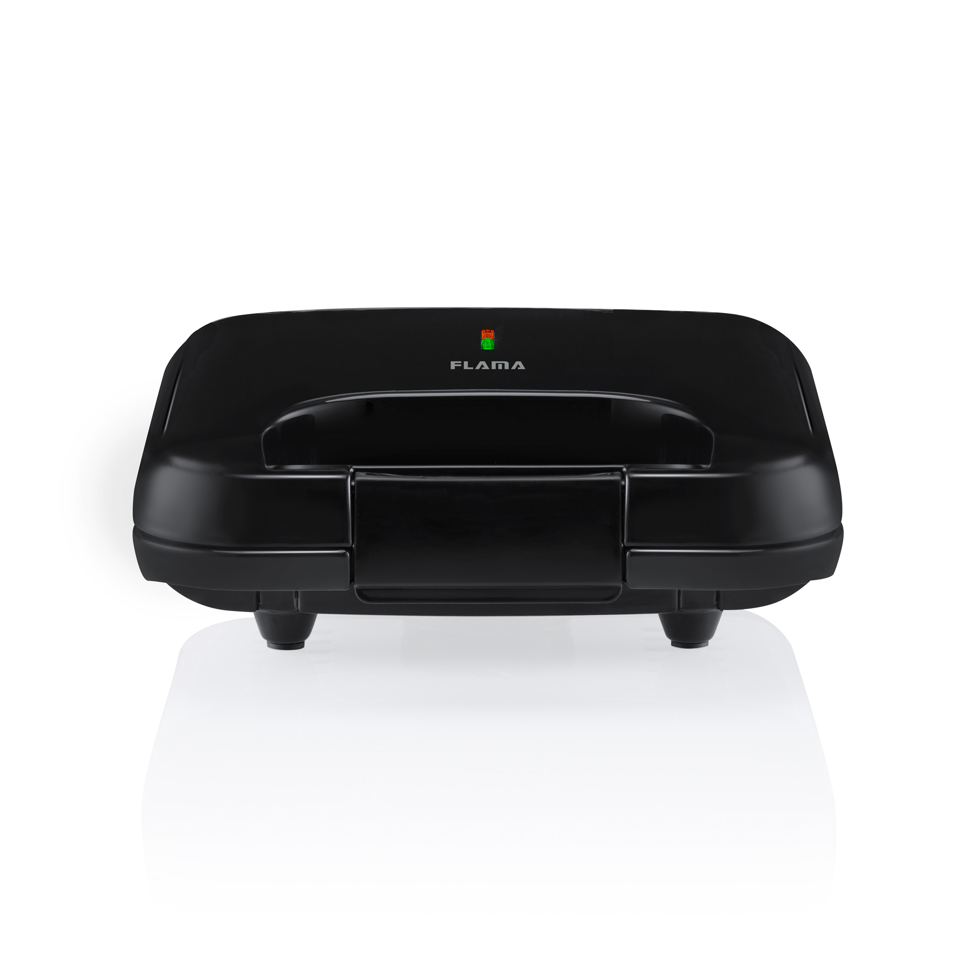 Czarny opiekacz do kanapek z zielonym wskaźnikiem zasilania, widok z góry na białym tle.