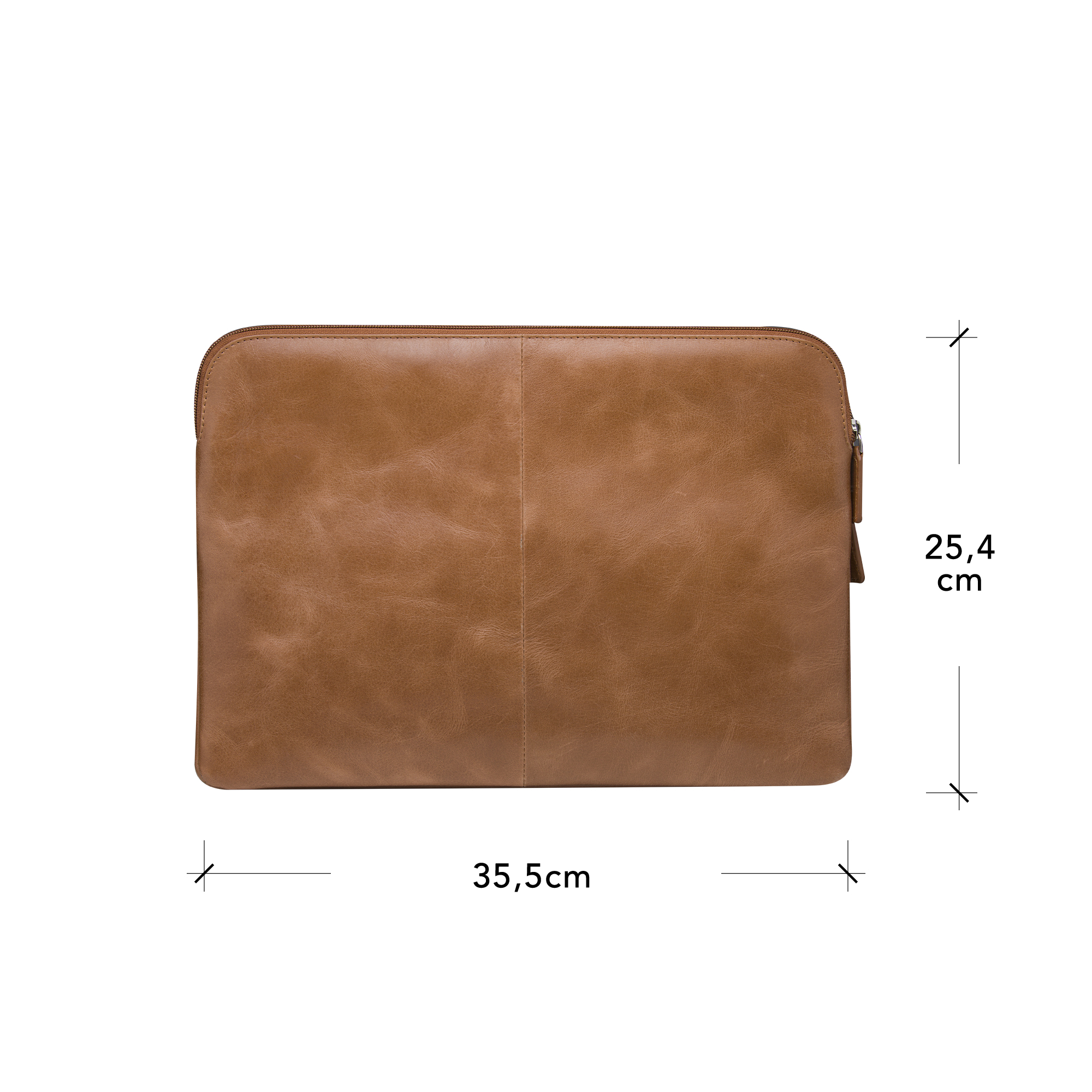 Una custodia per laptop in pelle marrone con misure: 25,4 cm di altezza, 35,5 cm di larghezza.