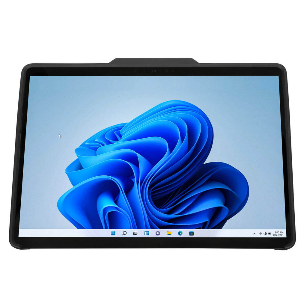 Tablet mit einem blau-weißen abstrakten Bild, mit schwarzem Rahmen.