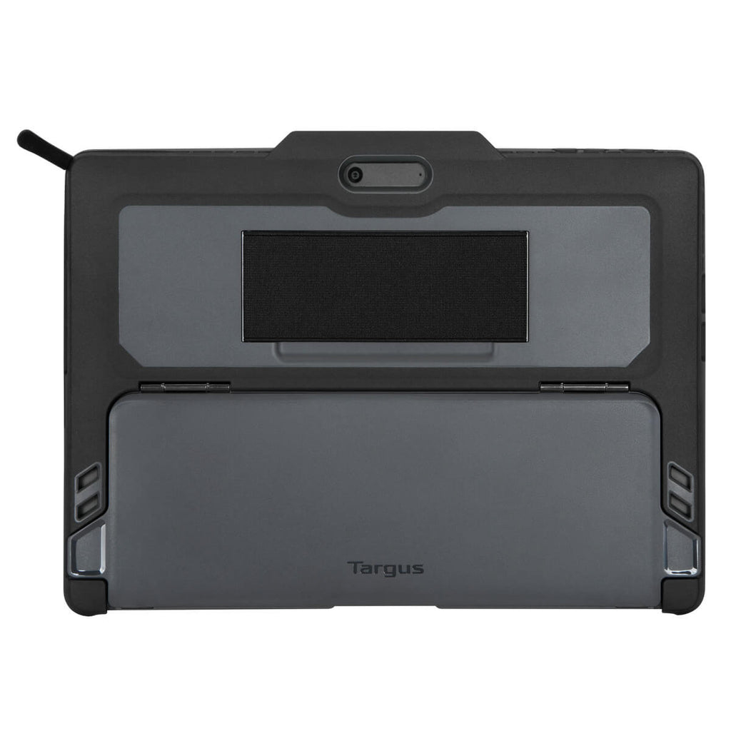 Eine Tablet-Hülle. Sie ist grau und hat ein Targus-Logo. Sie hat eine Kamera und einen Gurt.