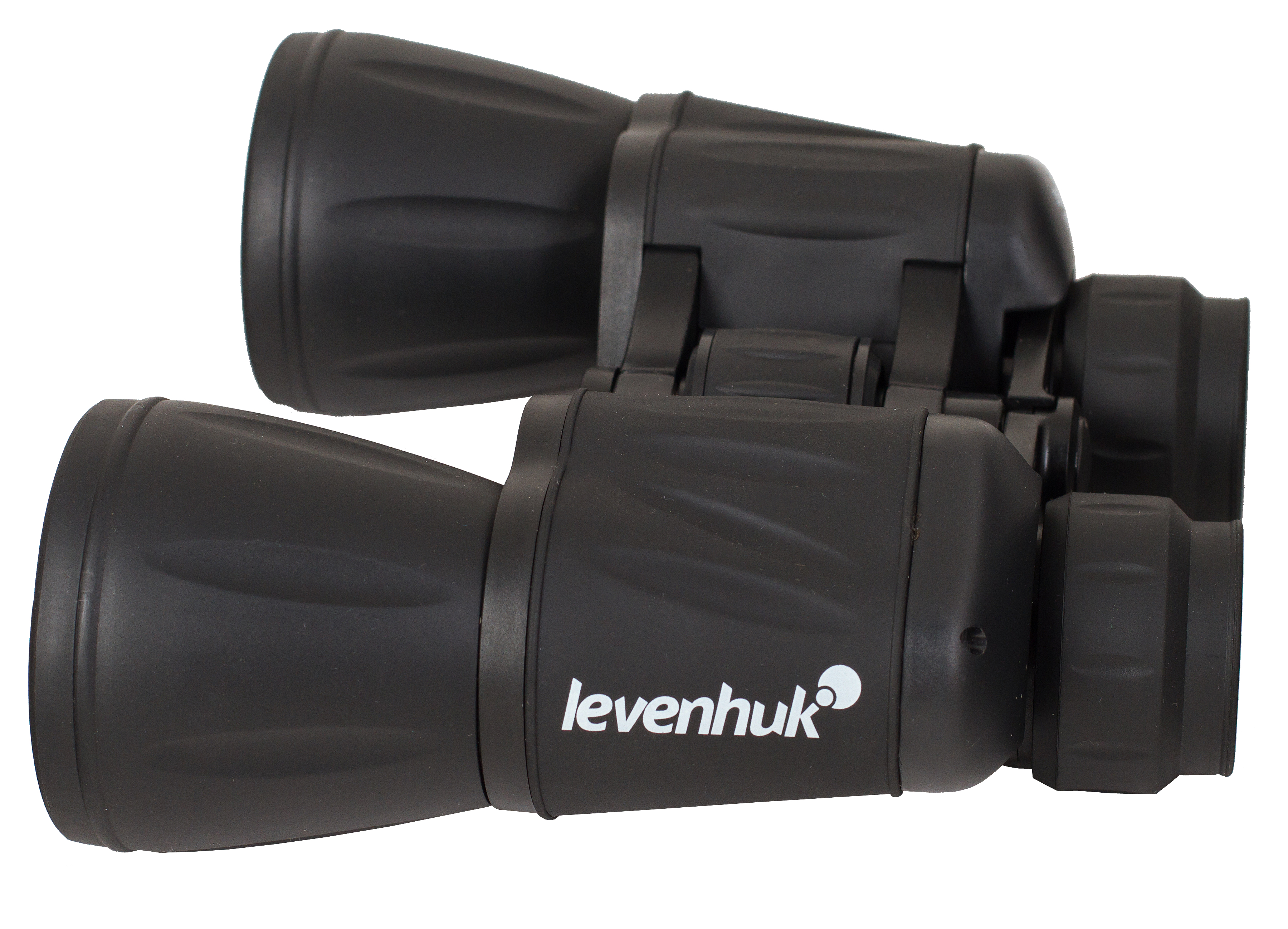 Binocolo nero con logo Levenhuk bianco, visto di lato.
