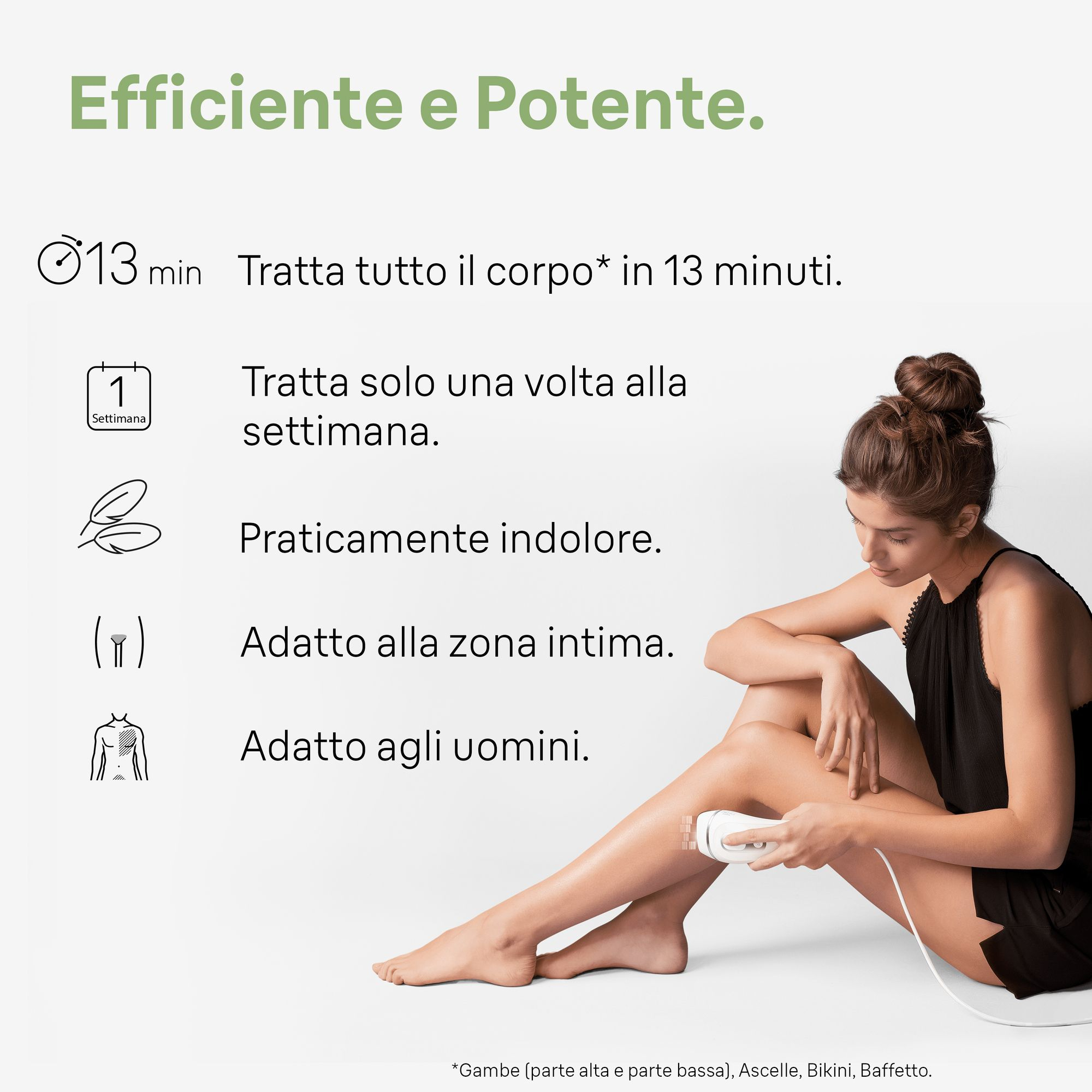 Kobieta używa urządzenia do depilacji na nodze. Tekst: Wydajny i mocny. Inne teksty o korzyściach produktu.