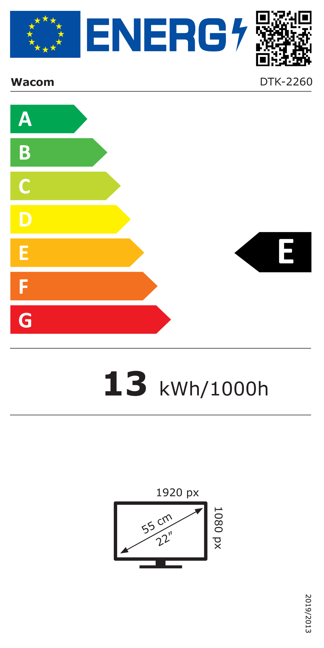 Etykieta energetyczna z oceną E dla monitora Wacom. Wyświetla diagram monitora.