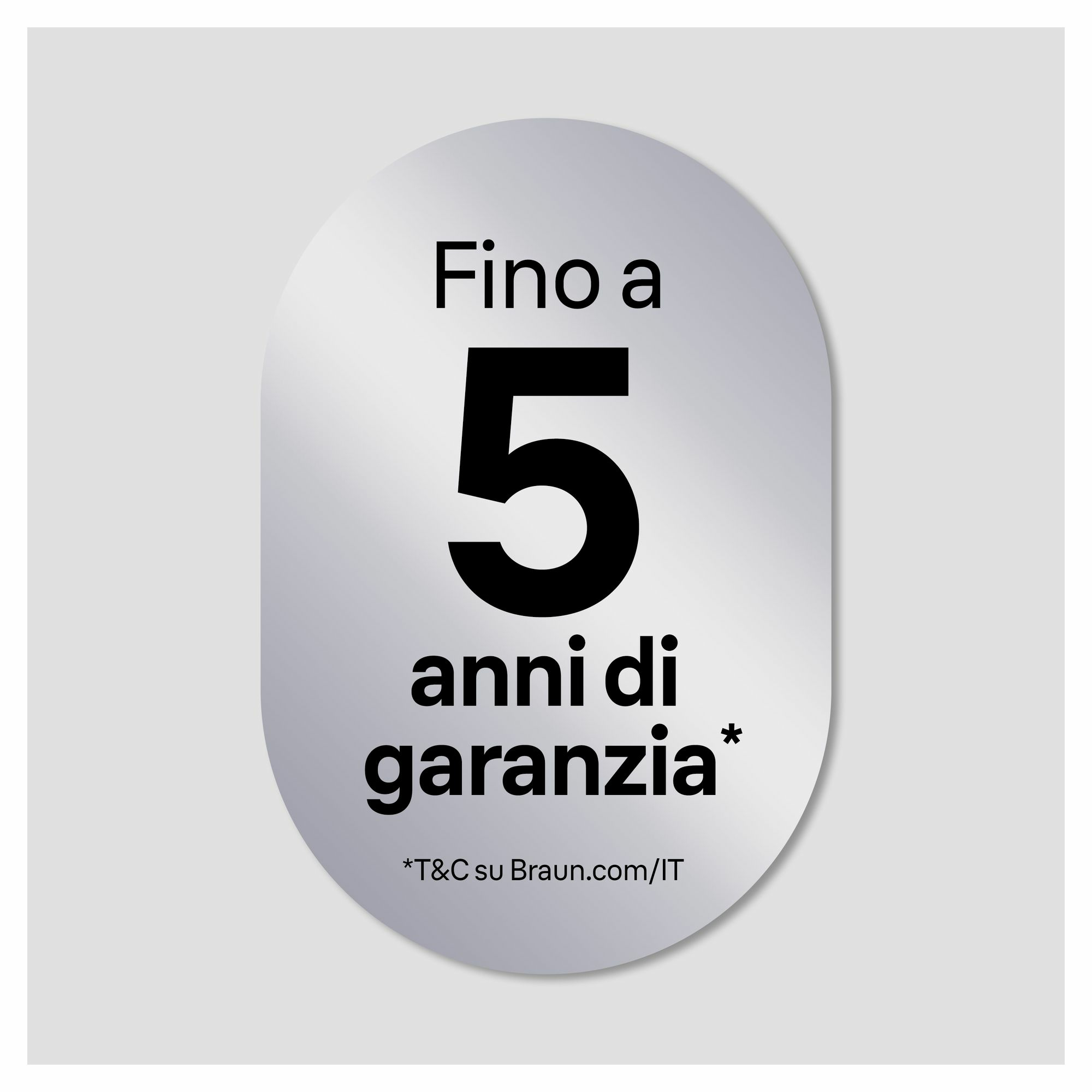 Srebrna owalna naklejka z tekstem: 'Fino a 5 anni di garanzia' i szczegółami z gwiazdką.