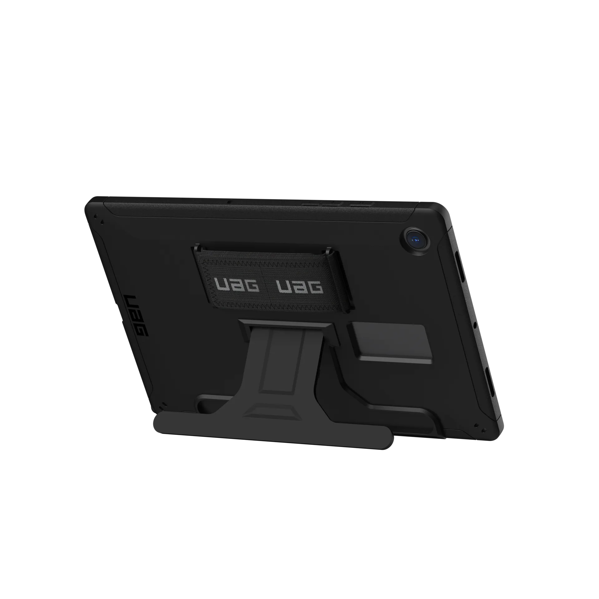 Funda negra para tableta con soporte, vista trasera. Logotipo UAG visible en la correa.
