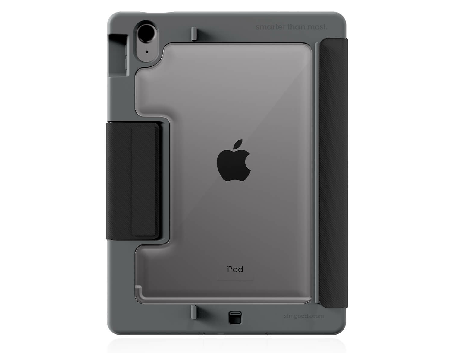 Un iPad in una custodia protettiva grigia. Il logo Apple è visibile sul retro.