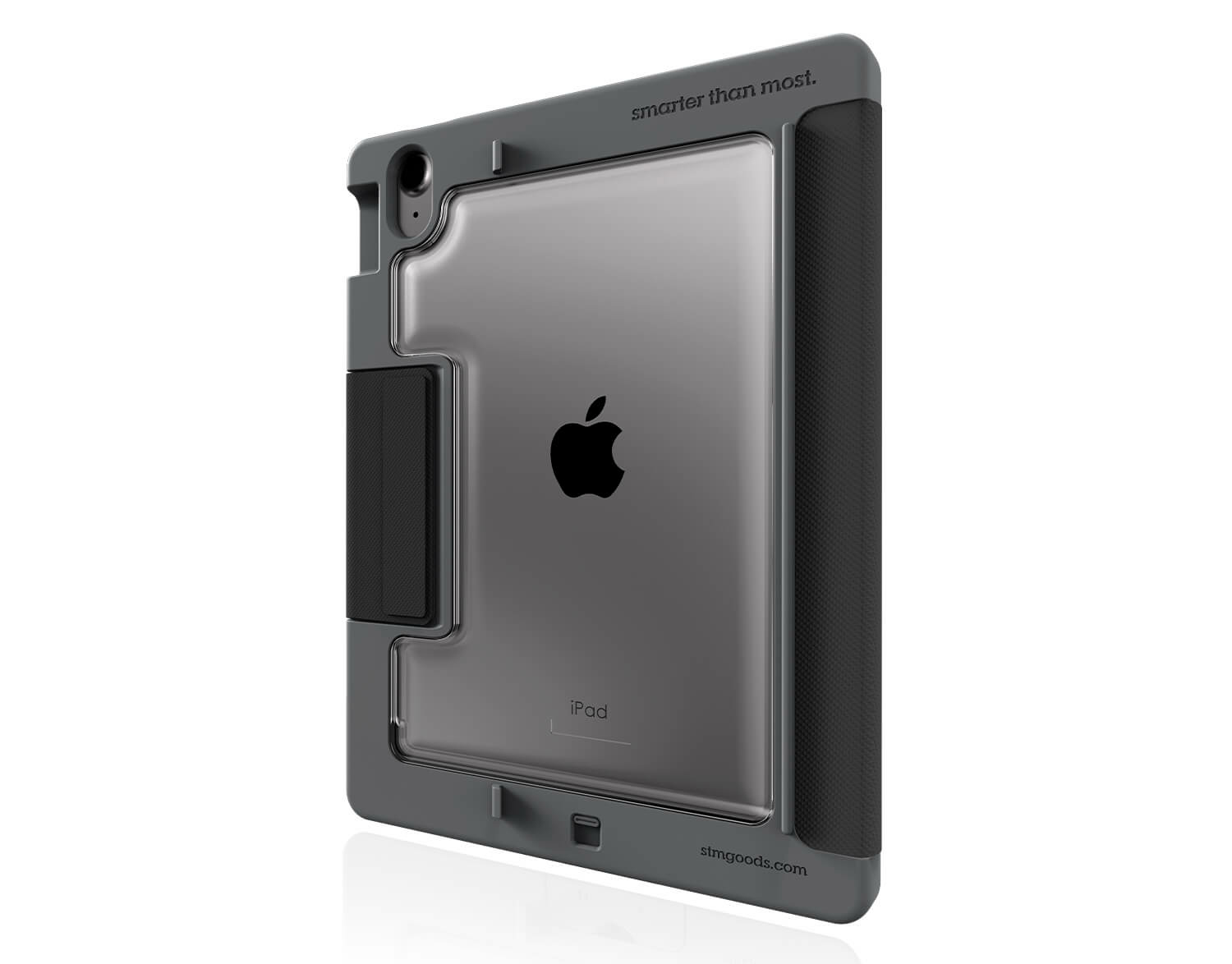 Un iPad grigio in una custodia protettiva con un logo Apple e il testo 'stmgoods.com'.