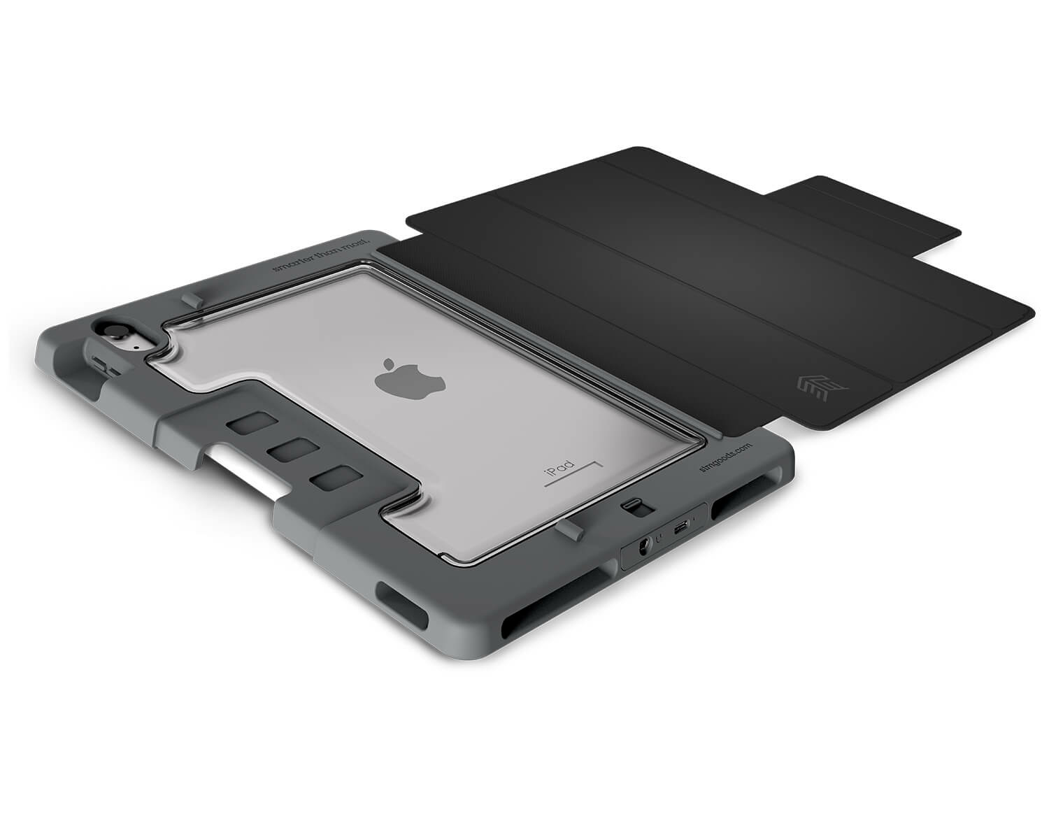Custodia grigia per tablet con iPad dentro e cover nera su sfondo bianco.