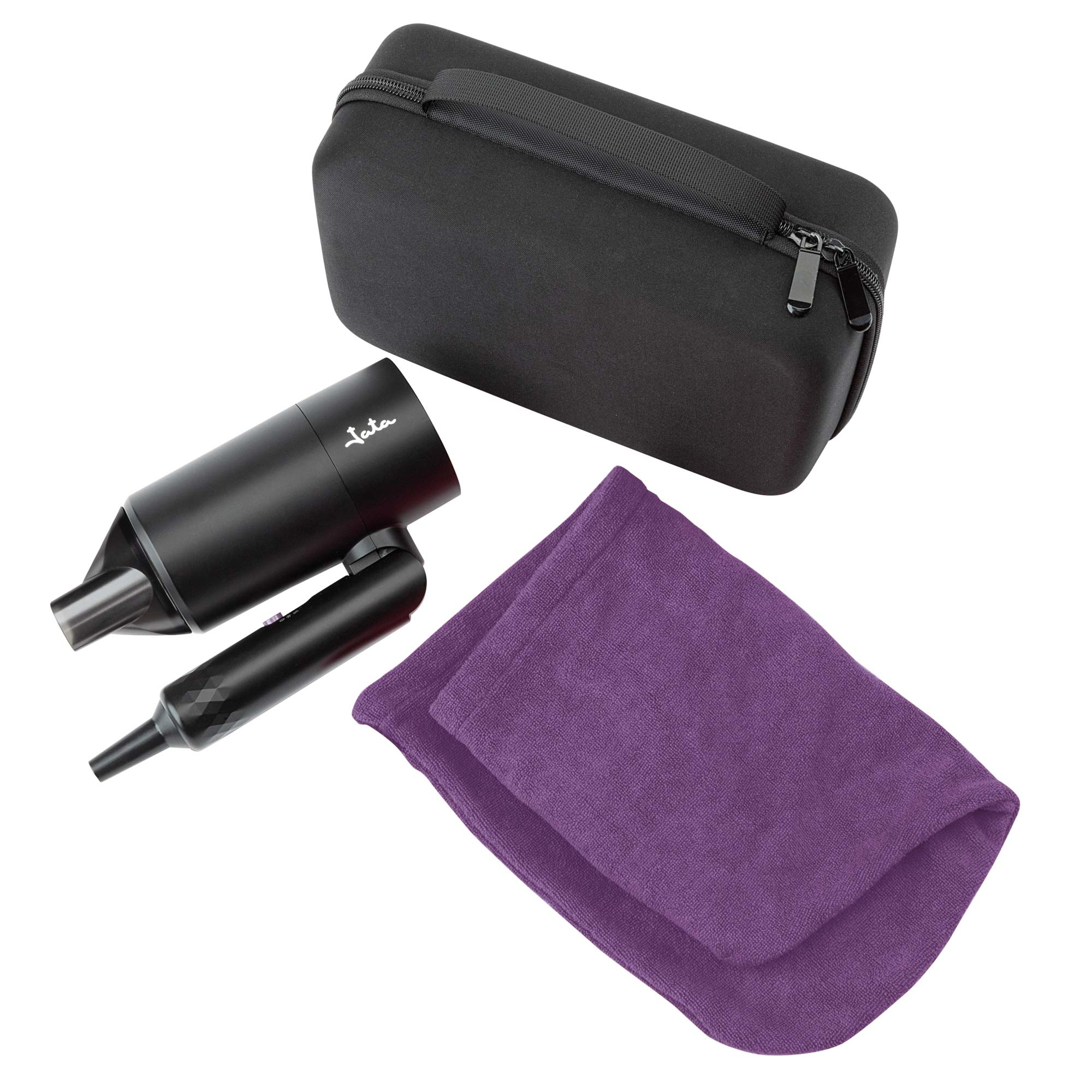 Un estuche de viaje negro con un vaporizador, un pequeño vape negro y un paño morado.
