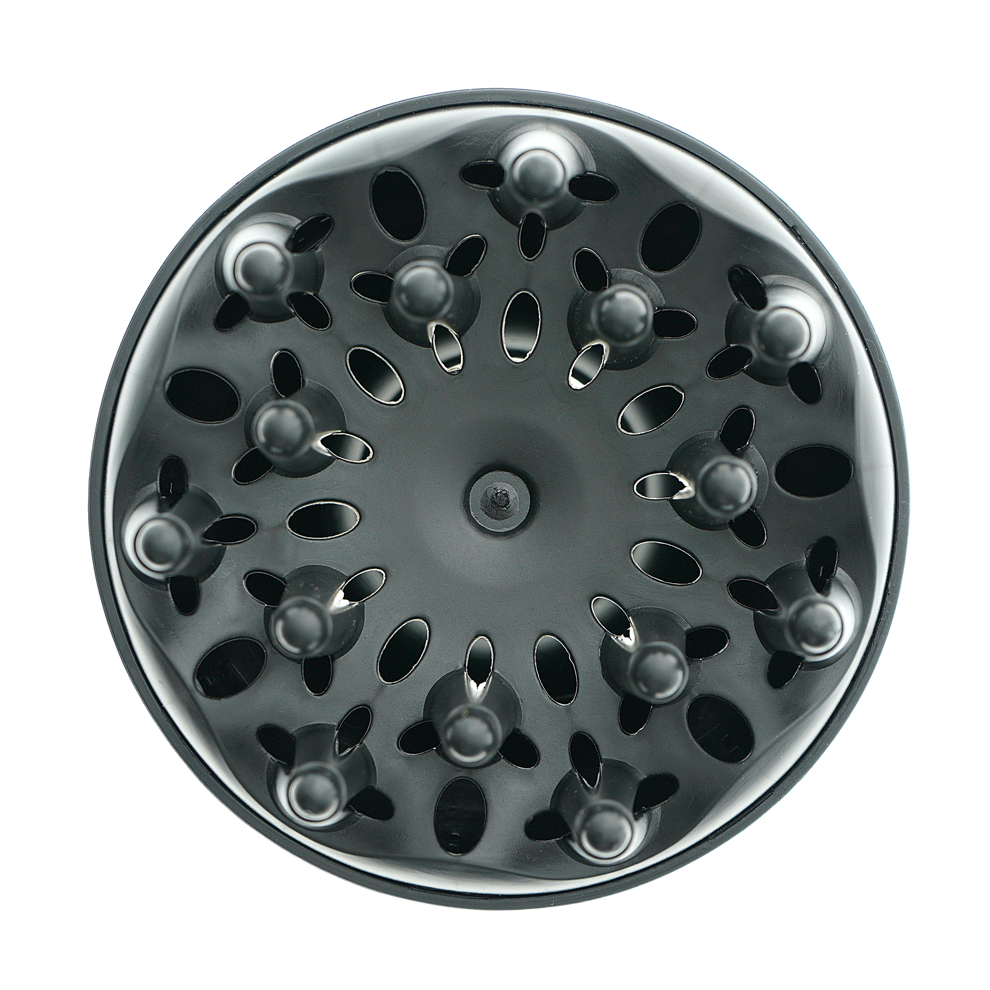 Difusor negro para secador de pelo. Tiene muchas rejillas de ventilación. El fondo es blanco.