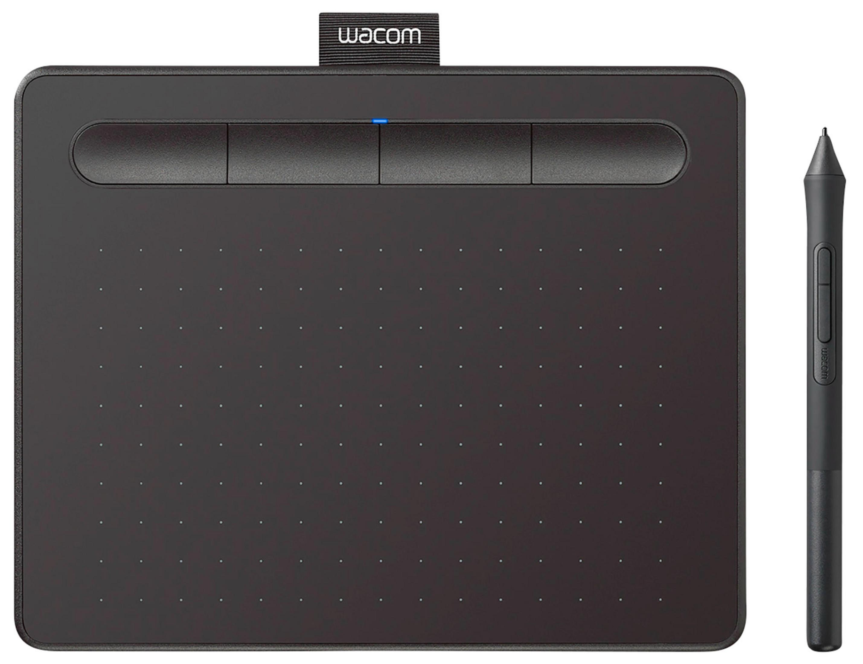 Czarny tablet Wacom z czterema przyciskami i rysikiem. Tablet ma siatkę kropek.