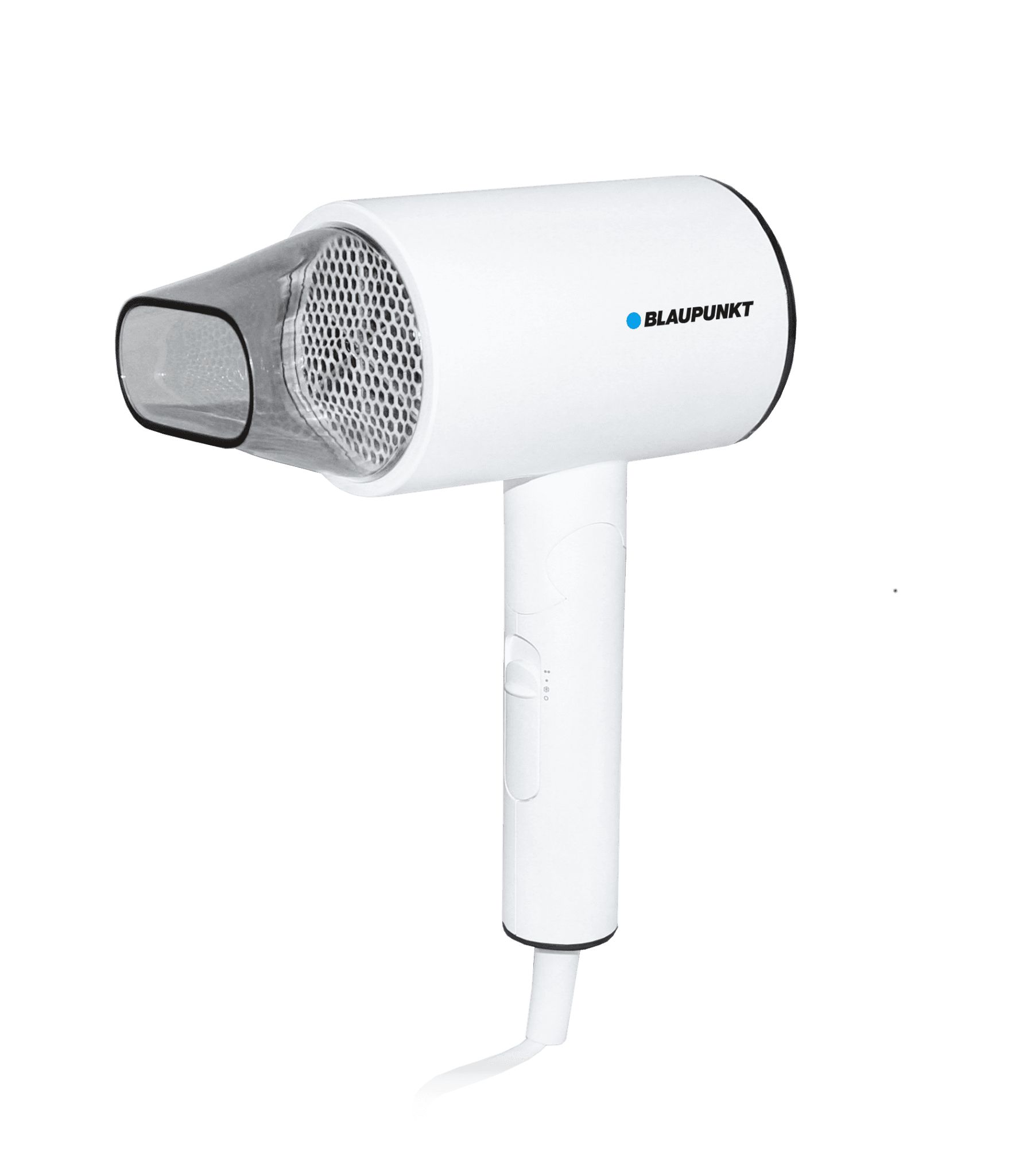 Un asciugacapelli Blaupunkt bianco con ugello argentato, su sfondo bianco.