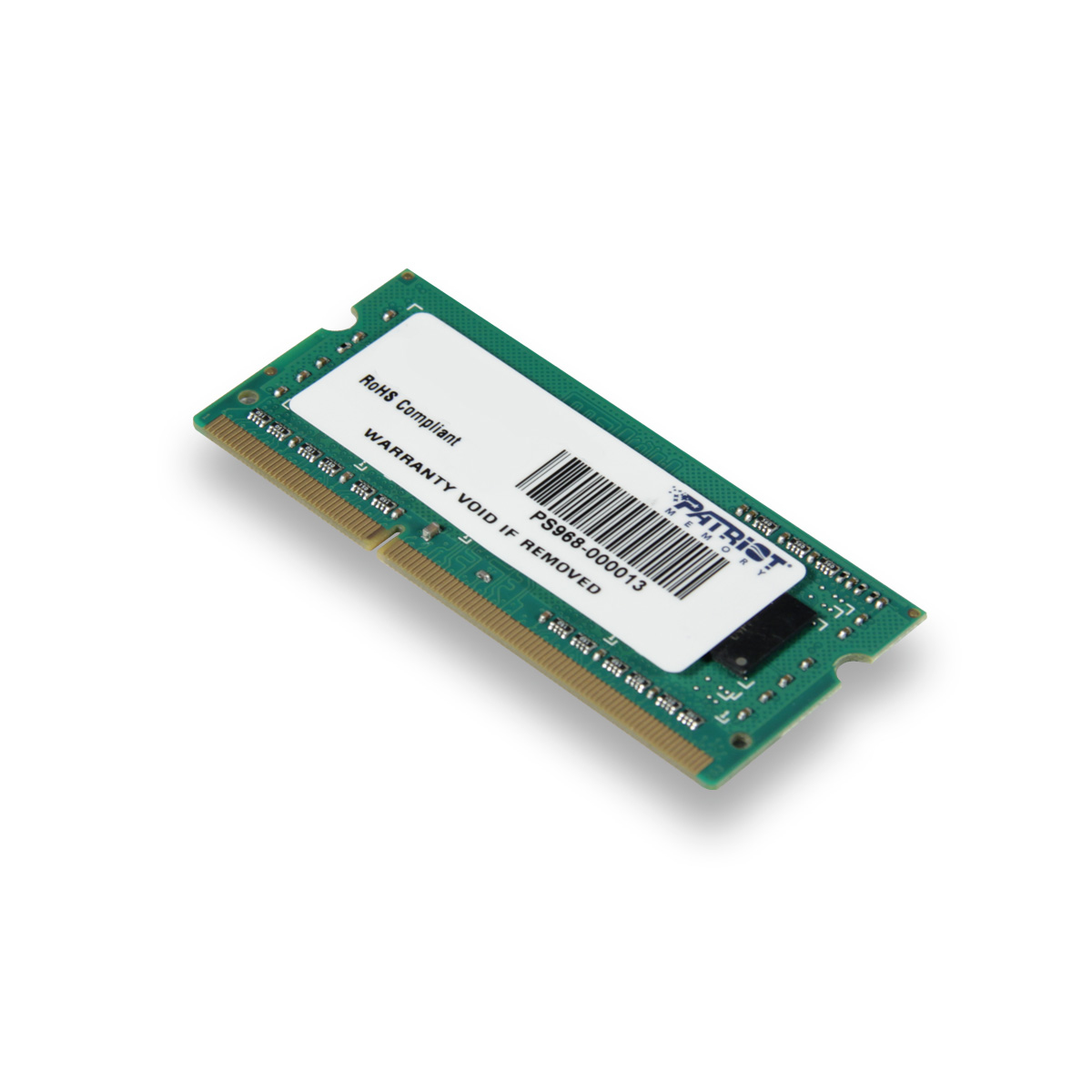 Modulo RAM verde e oro, con un adesivo bianco.