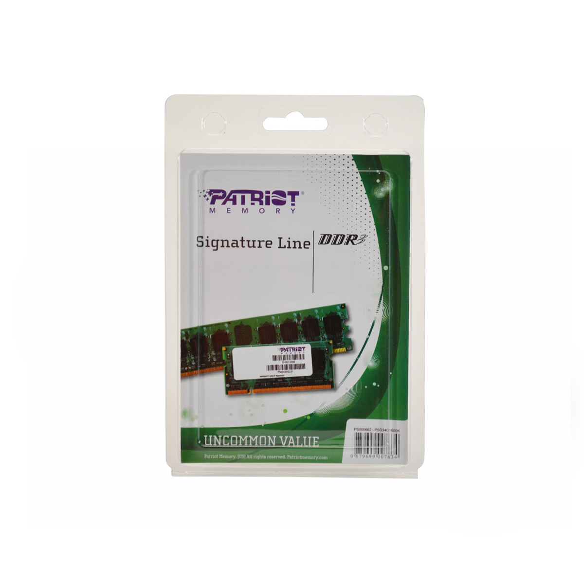 Un pacchetto RAM, Patriot Memory, Signature Line DDR2. Stick RAM verde all'interno.