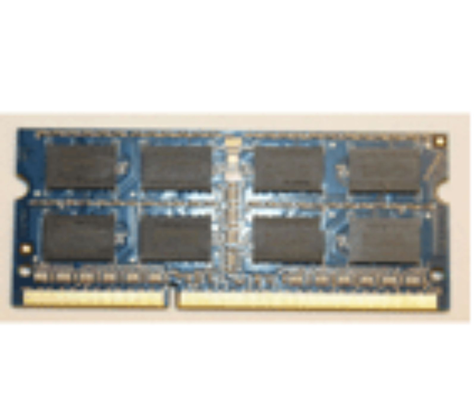 Un modulo di memoria RAM blu con chip neri, su sfondo bianco.