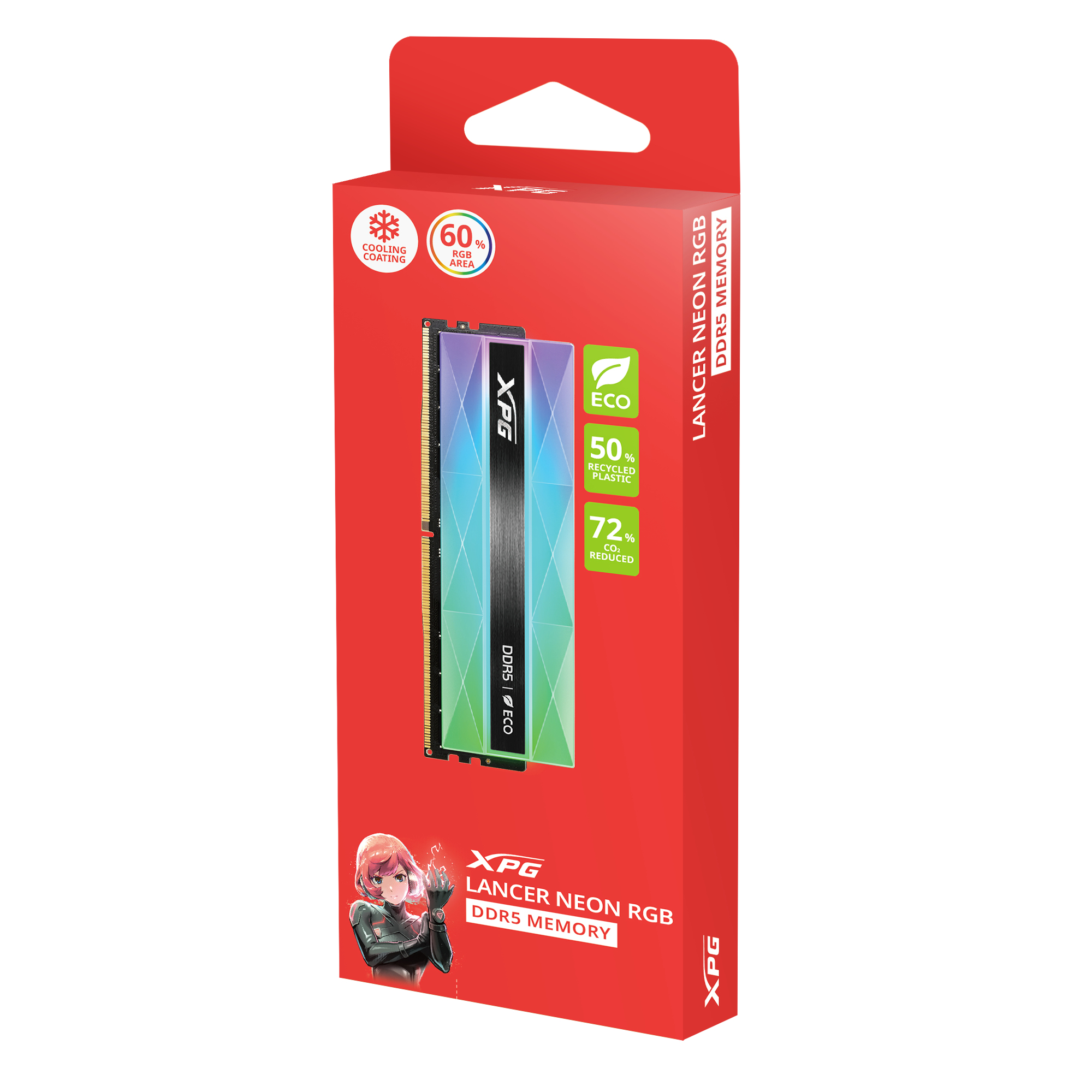 Eine rote Box mit einem RAM-Riegel darin, XPG Lancer Neon RGB DDR5 Memory.