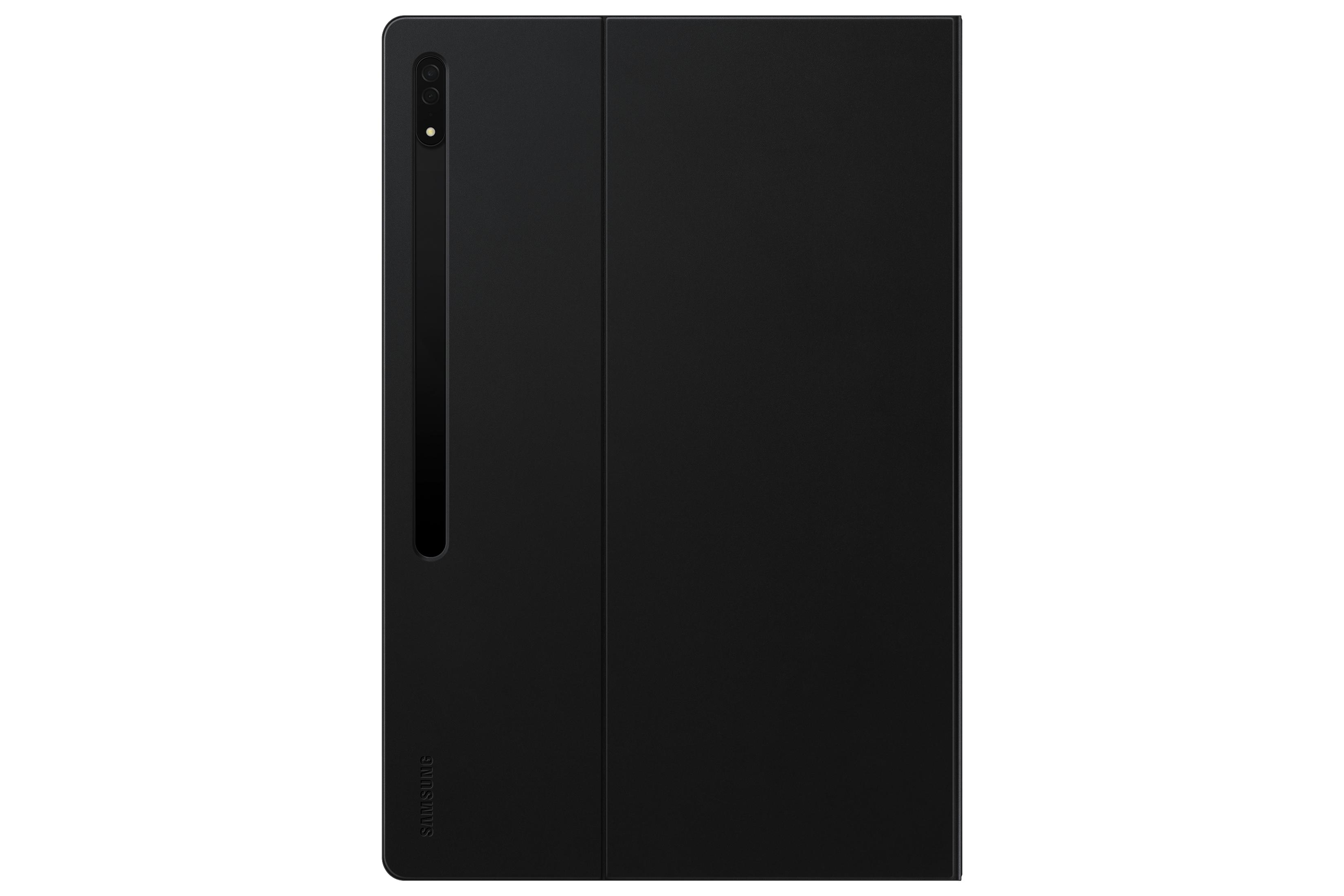 Funda negra para tableta Samsung. Tiene un recorte para la cámara y un cierre magnético. El fondo es blanco.