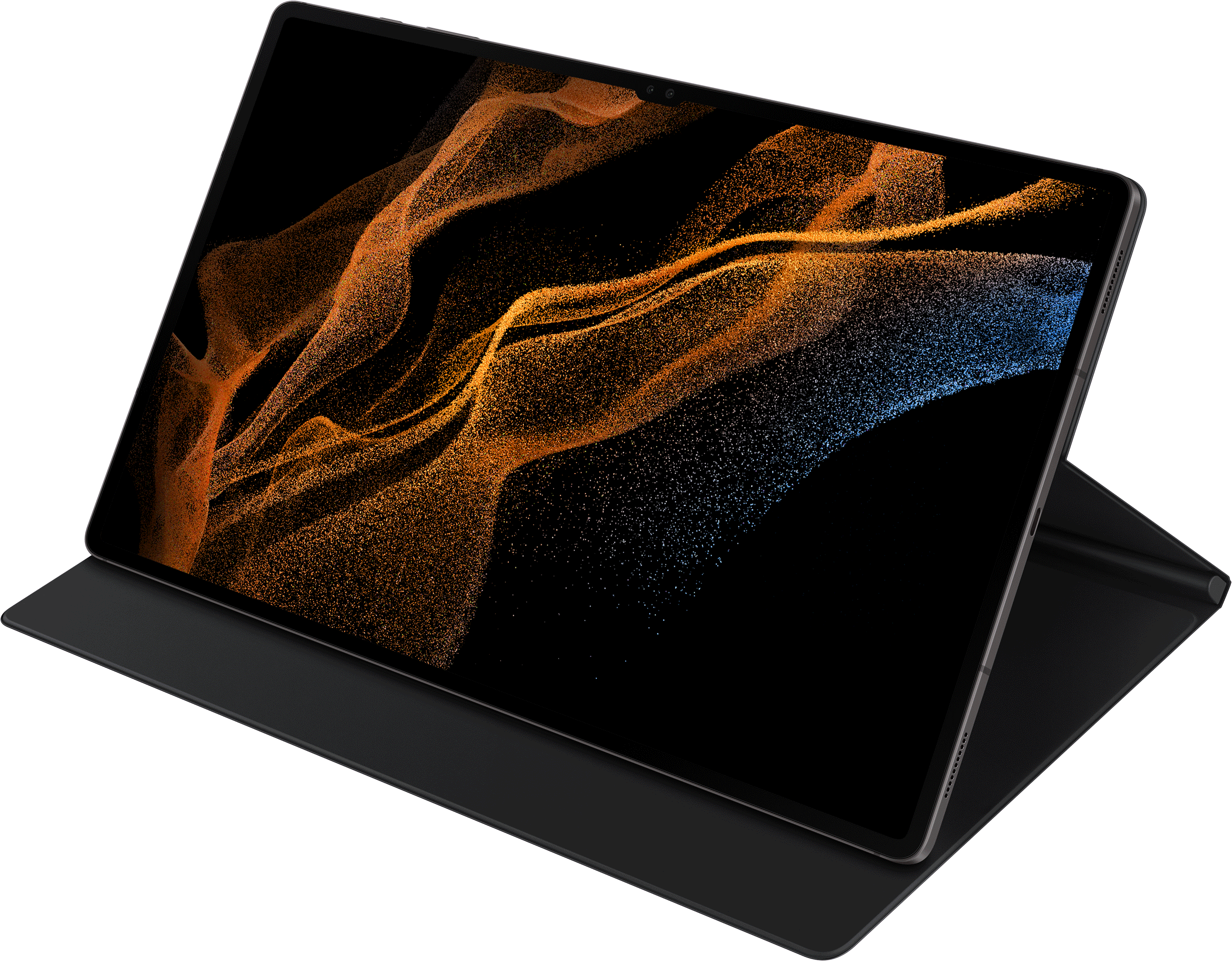 Tableta en funda negra, pantalla muestra diseño abstracto naranja y azul sobre fondo negro.