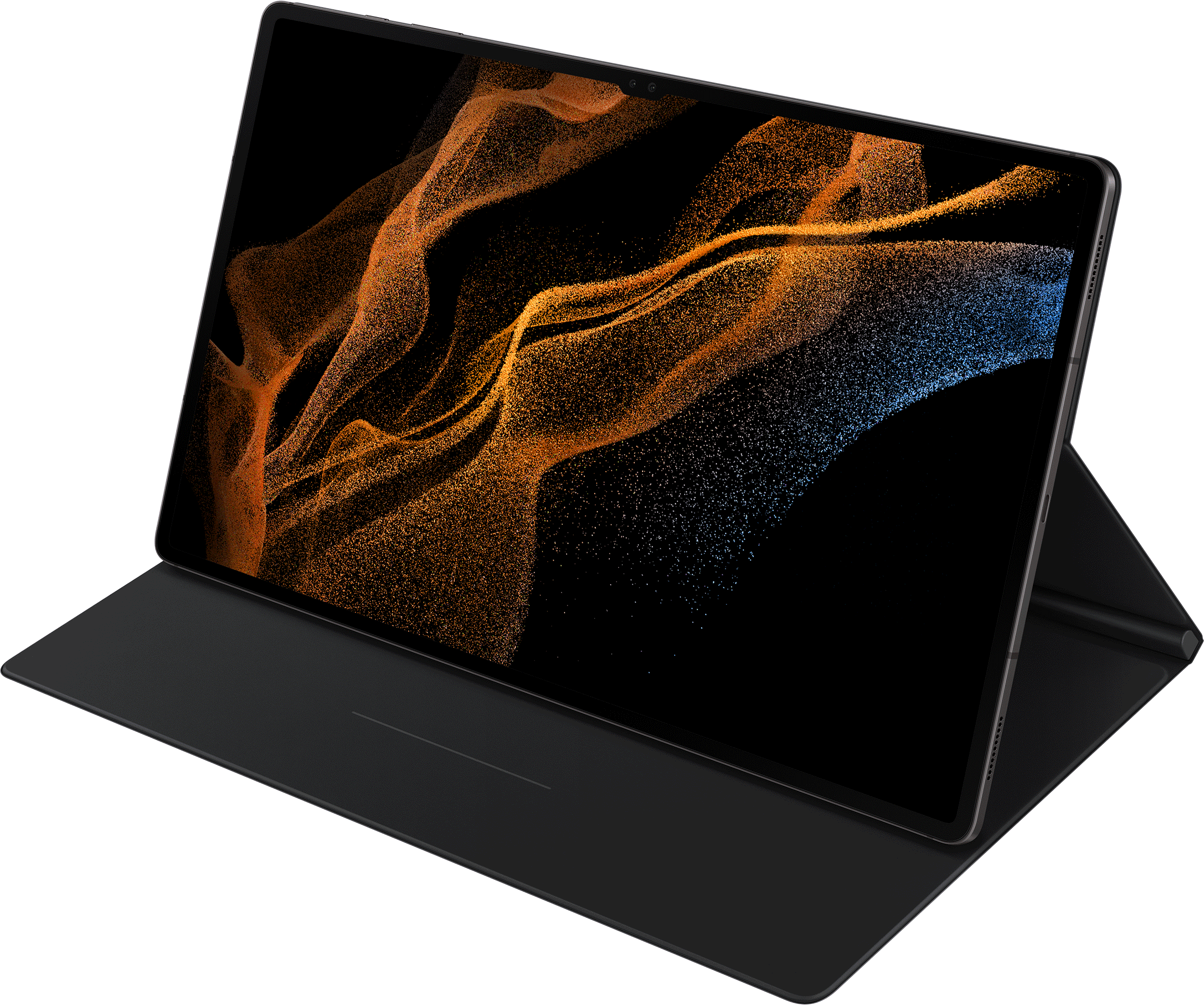 Tableta en funda negra, pantalla muestra diseño abstracto naranja y azul sobre fondo negro.