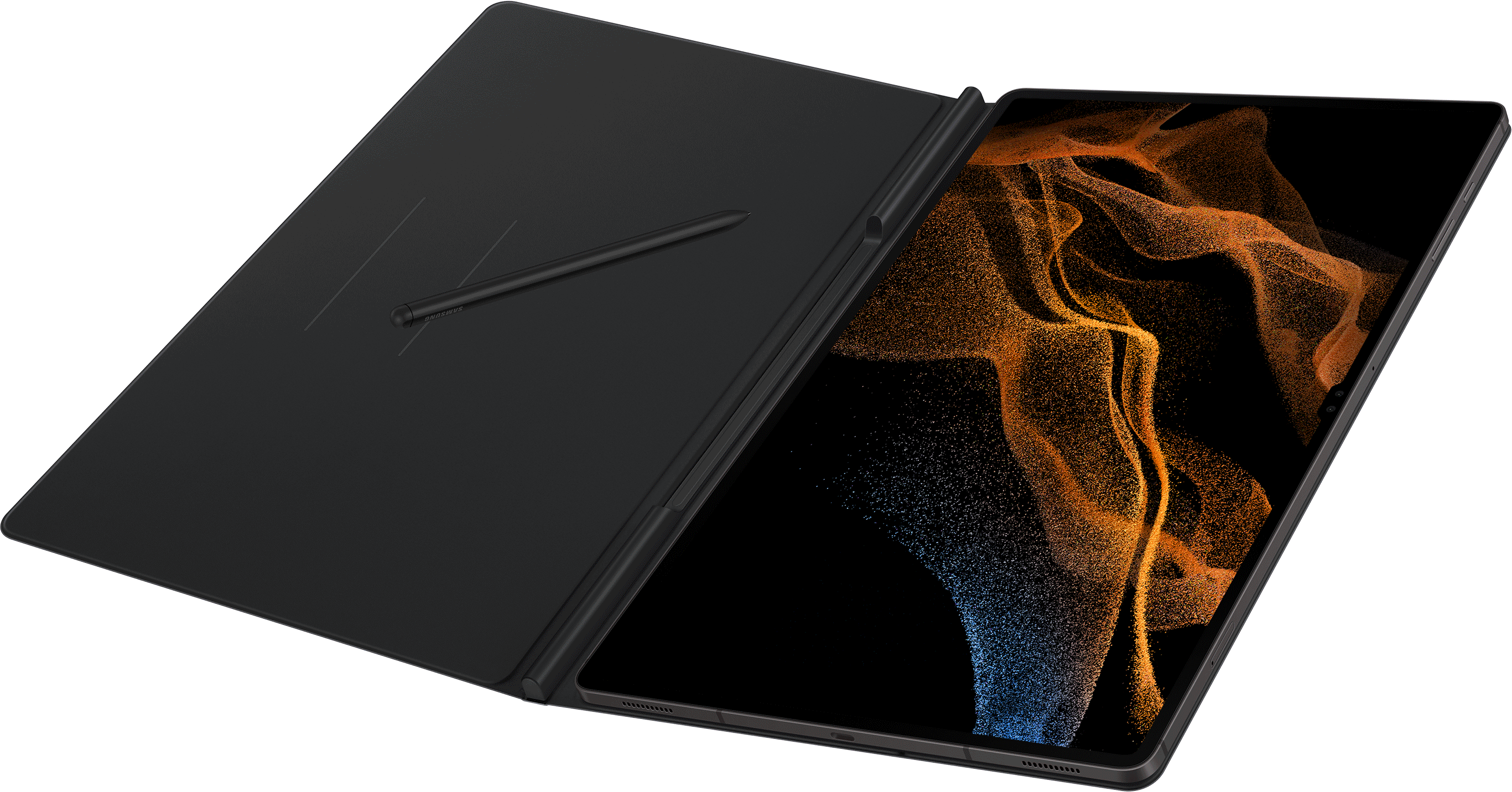 Tableta negra con un lápiz óptico negro. La pantalla muestra un diseño abstracto naranja y azul. La tableta está en una funda negra.