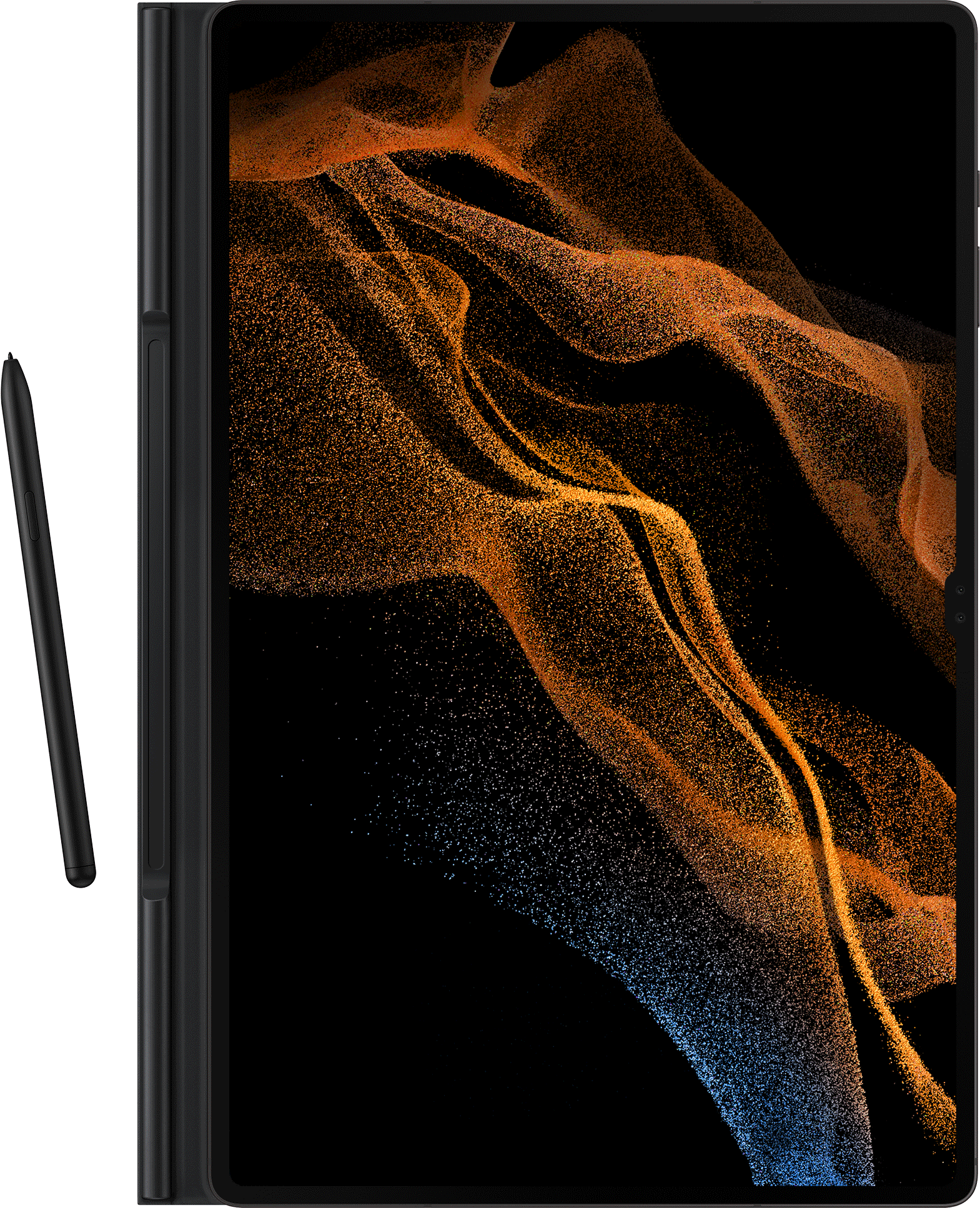 Tableta negra con un lápiz óptico negro. La pantalla muestra un diseño abstracto naranja y azul sobre fondo negro.