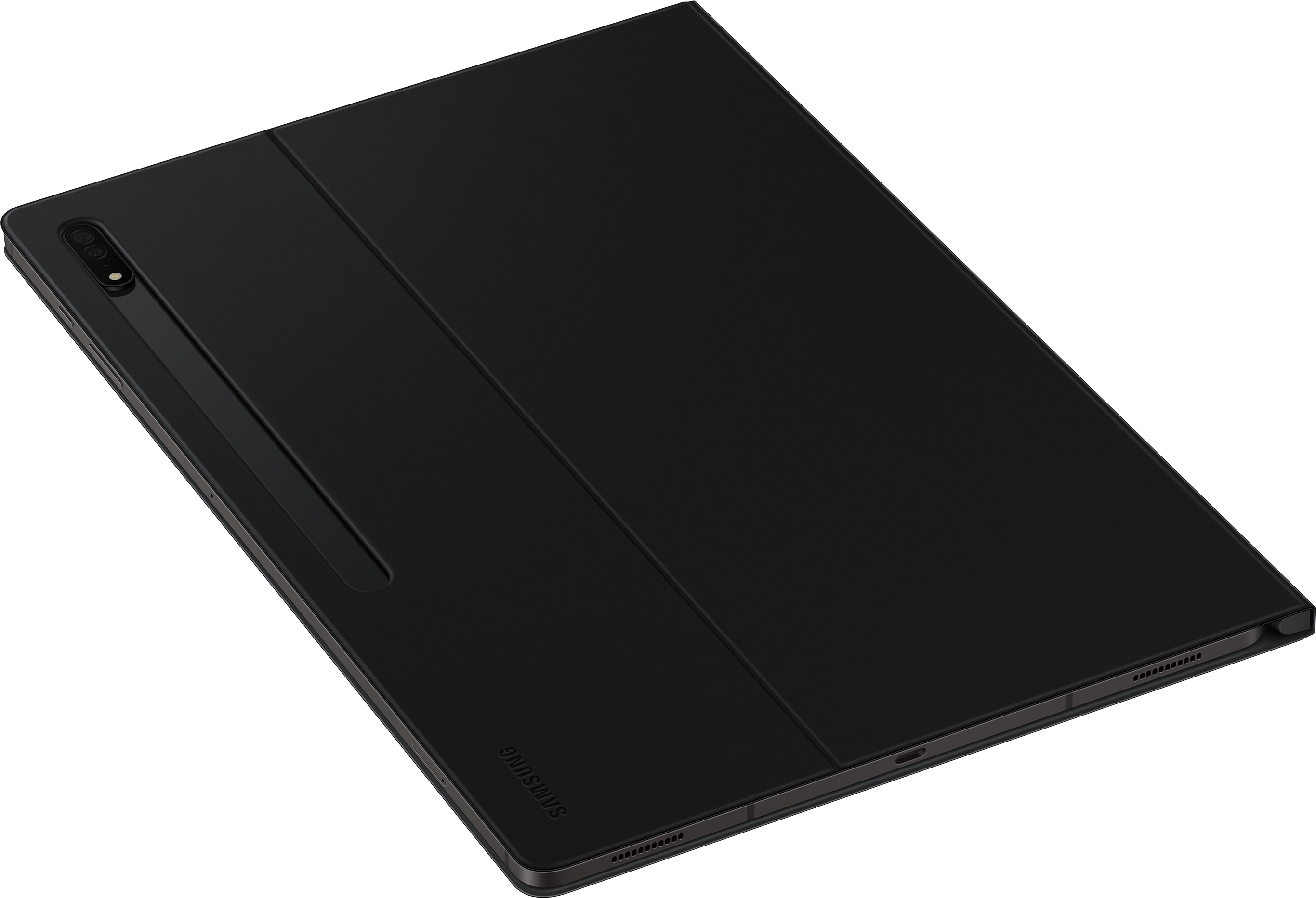 Una tableta negra con una funda. La funda tiene un cierre magnético y el logotipo de Samsung es visible.