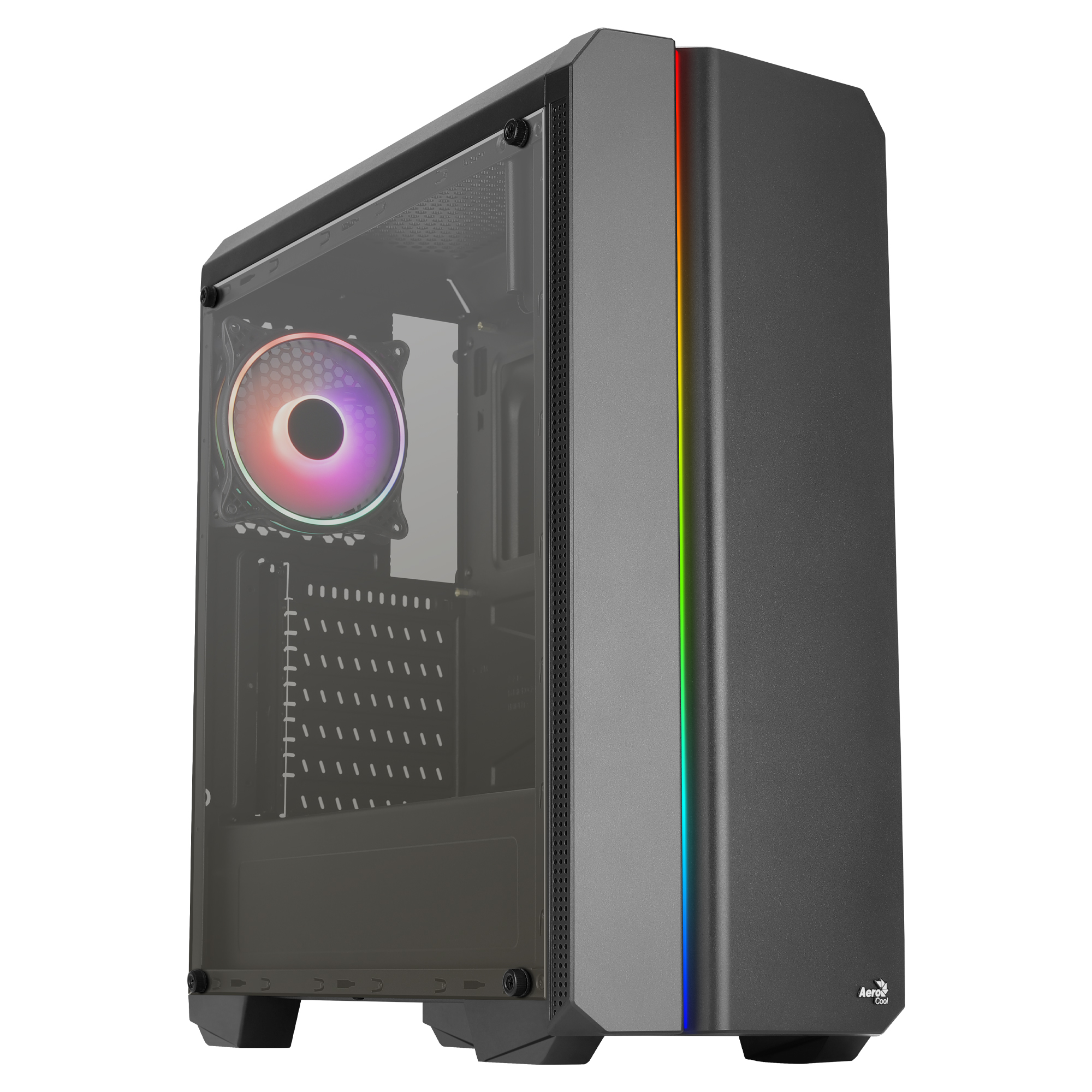 Case per computer nero con pannello laterale in vetro e luci RGB frontali.