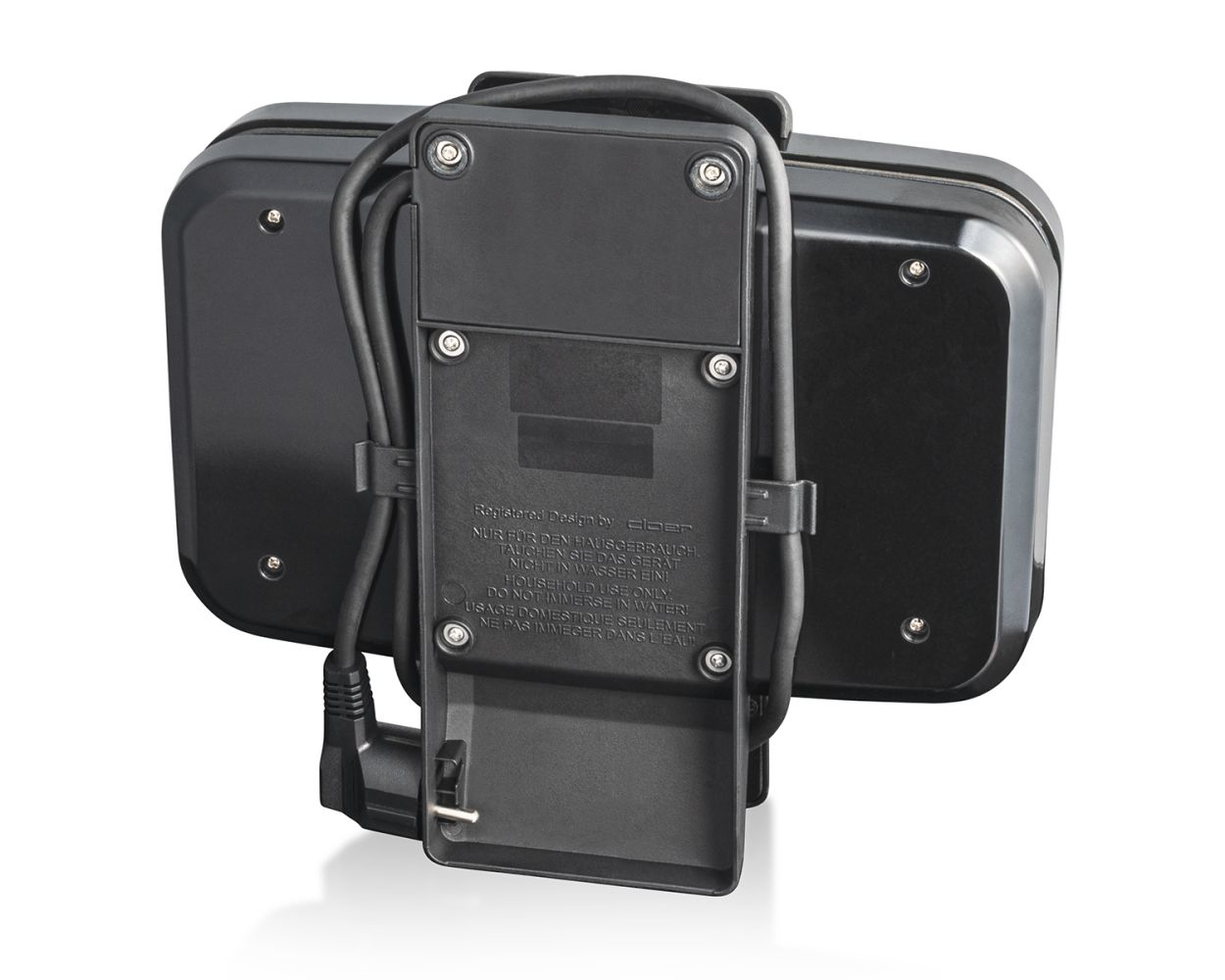 Widok z tyłu czarnego urządzenia z tekstem, kablem i złączem na białej powierzchni.