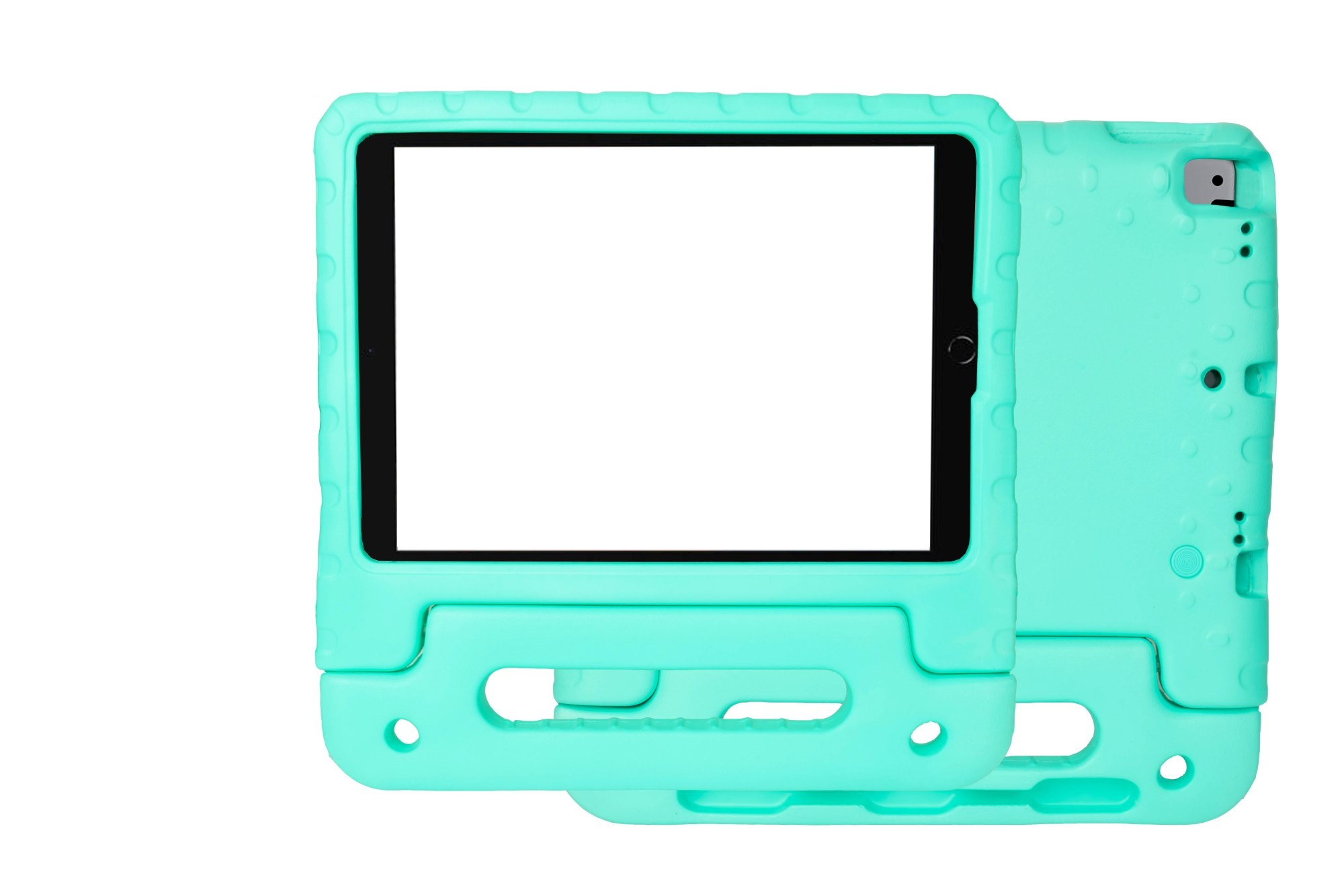 Minzfarbenes iPad-Case, zweiteilig, mit weißem Bildschirm. Griffe sind sichtbar.