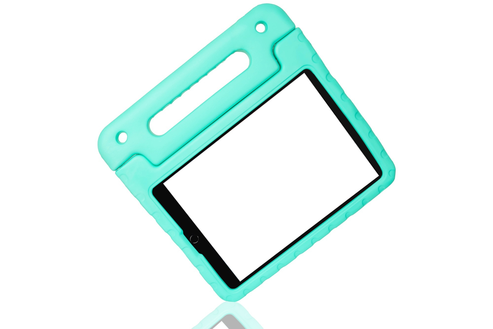 Tablet in aqua Hülle. Es hat einen weißen Bildschirm.