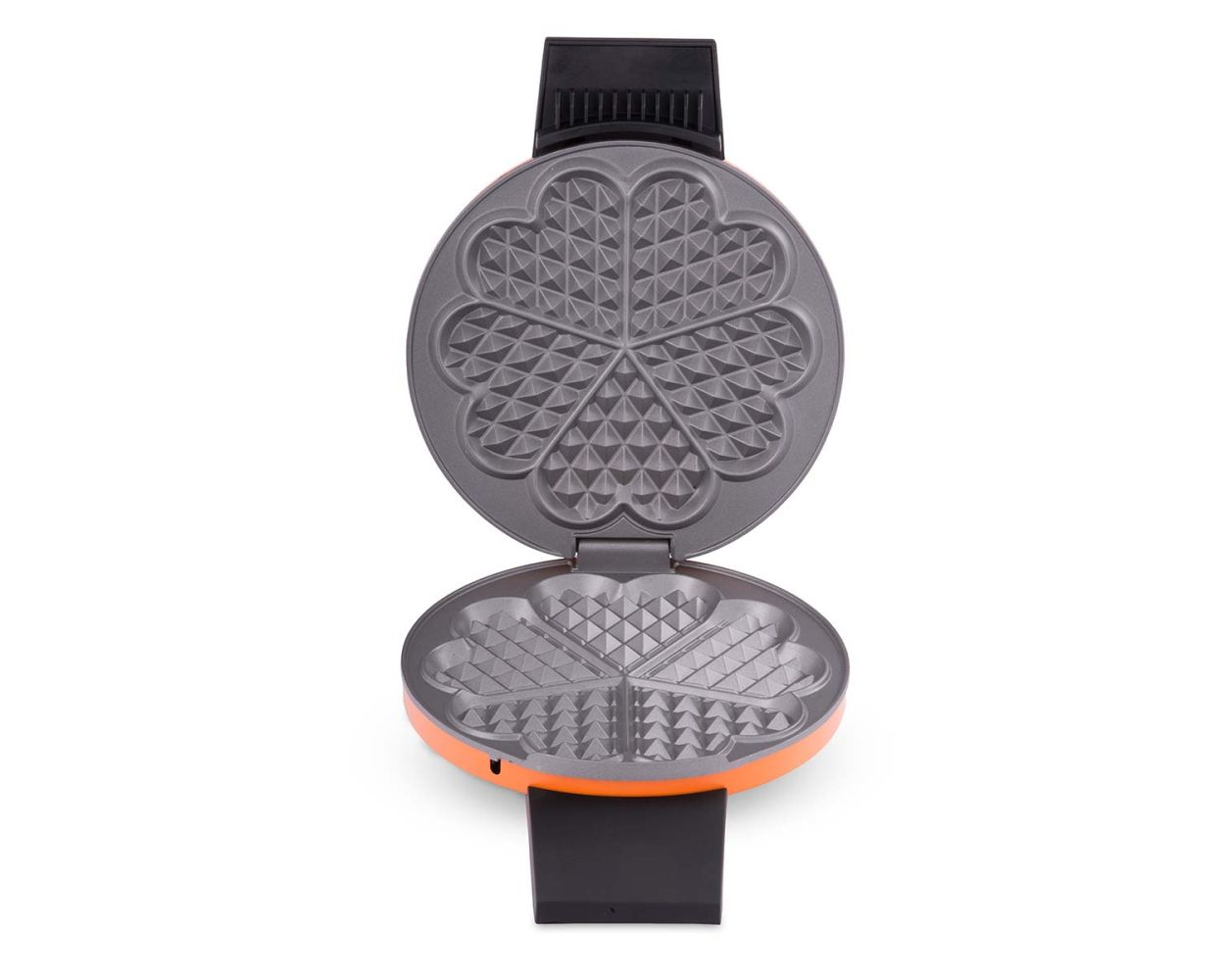 Otwarta gofrownica. Jest pomarańczowa i szara, z foremkami do gofrów w kształcie serca.