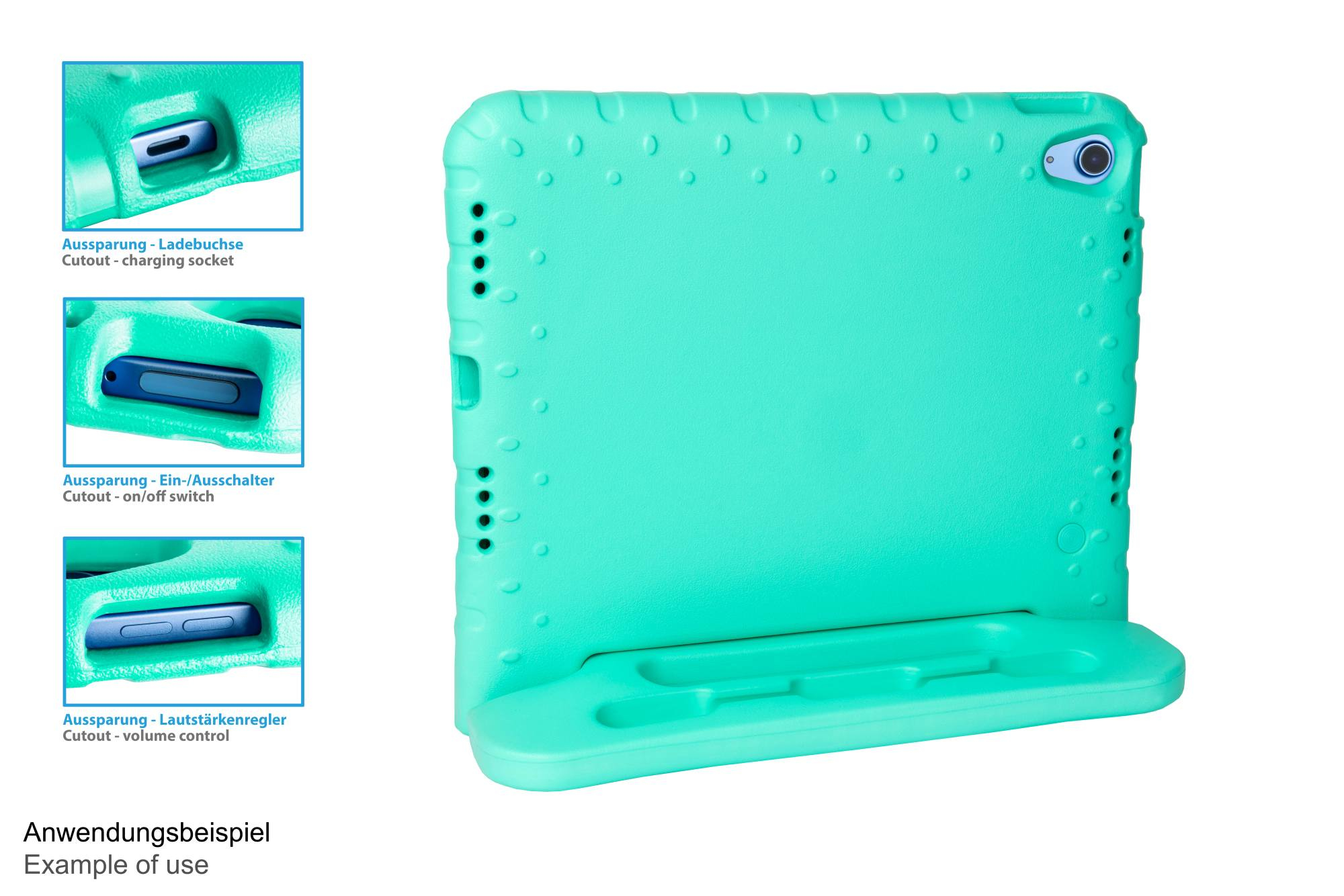 Custodia protettiva verde per tablet con ritagli dettagliati.